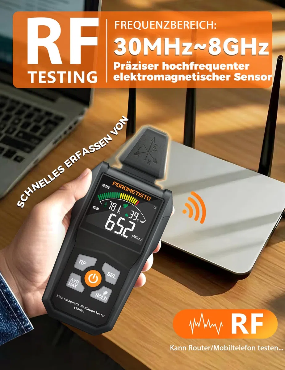 ET01PRO 5-in-1 EMF Messgerät – Elektrosmog Messgerät mit EF/MF/RF/Temperatur/Luftfeuchtigkeit, Max/Min/Speicher, Ideal für Profis, Zuhause & Geisterjagd