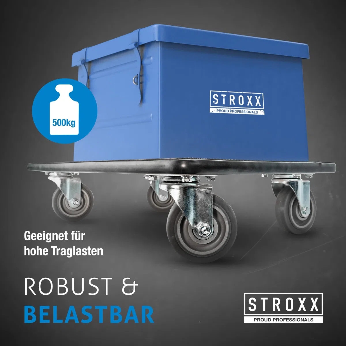 STROXX – 1x Transportroller mit 500kg Traglast (600 x 400 x 145mm) – Rollbrett mit rutschfestem Gummibelag – Möbelroller für Umzug & sperrige Gegenstände