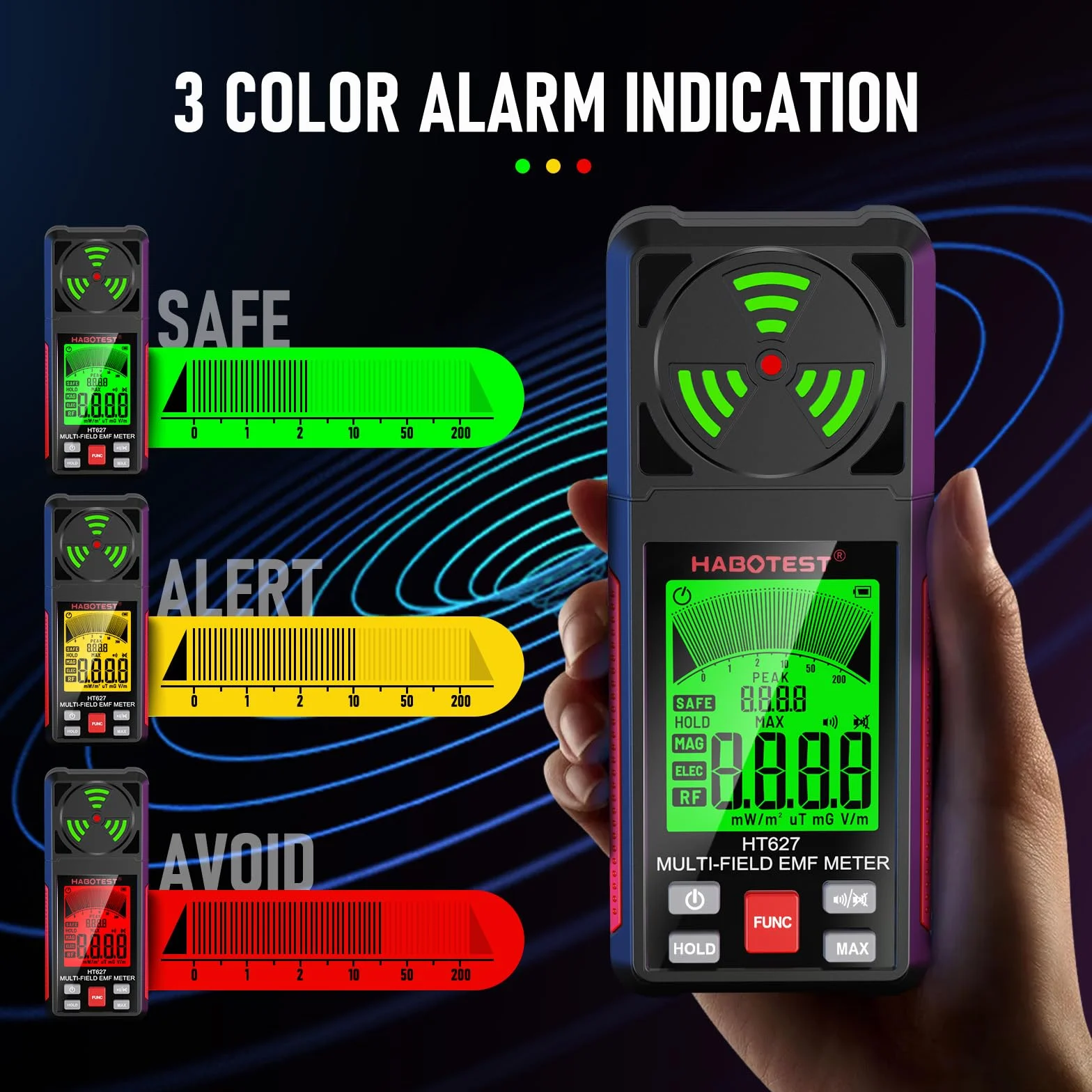 YOJOCK EMF Messgerät 3-in-1 Strahlungsmessgerät und Strahlungsdetektor mit Datenhalte- und Maximalwertspeicher, misst EMF, RF, MF, WiFi und Elektrosmog, für Zuhause und Outdoor, Rot