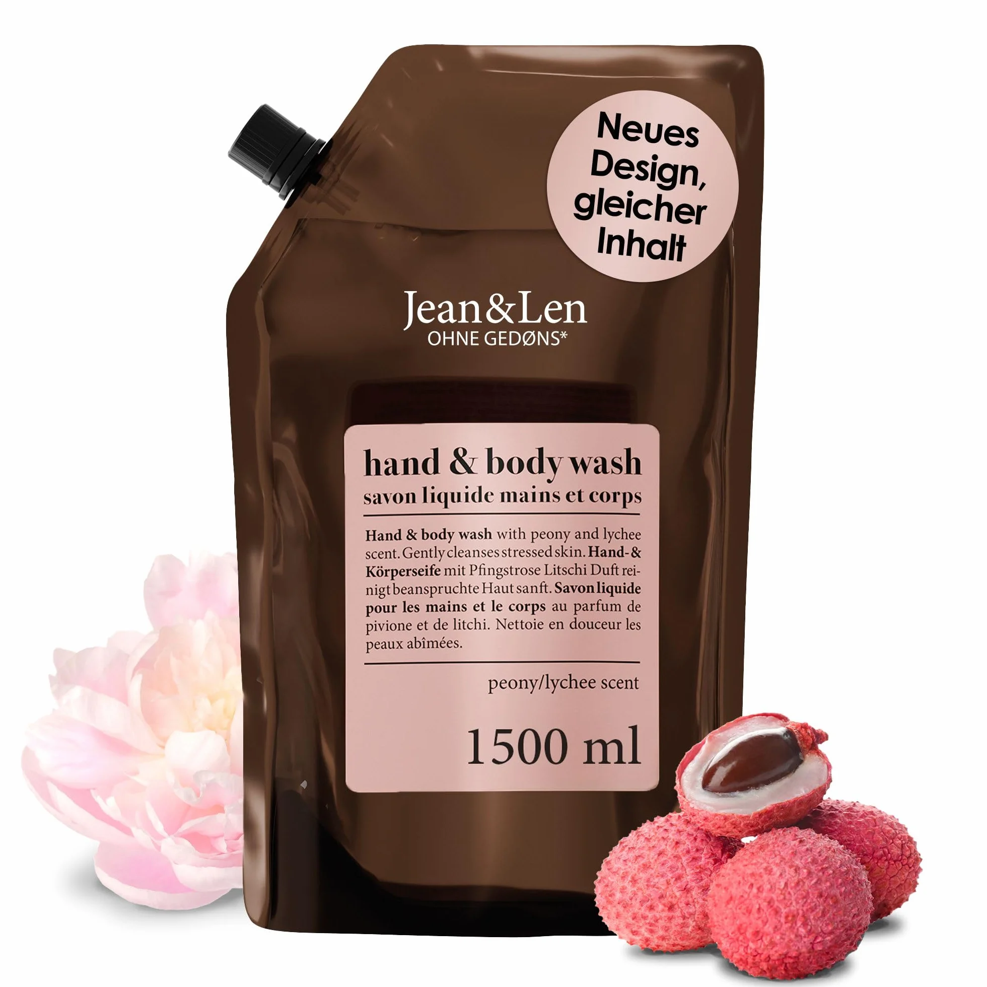 Jean & Len Hand & Body Wash Pfingstrose & Litschi, reinigt und pflegt die Haut beim Waschen, blumig-zarter Duft, Flüssigseife im Nachfüllpack, ohne Parabene & Silikone, vegan, 1,5L