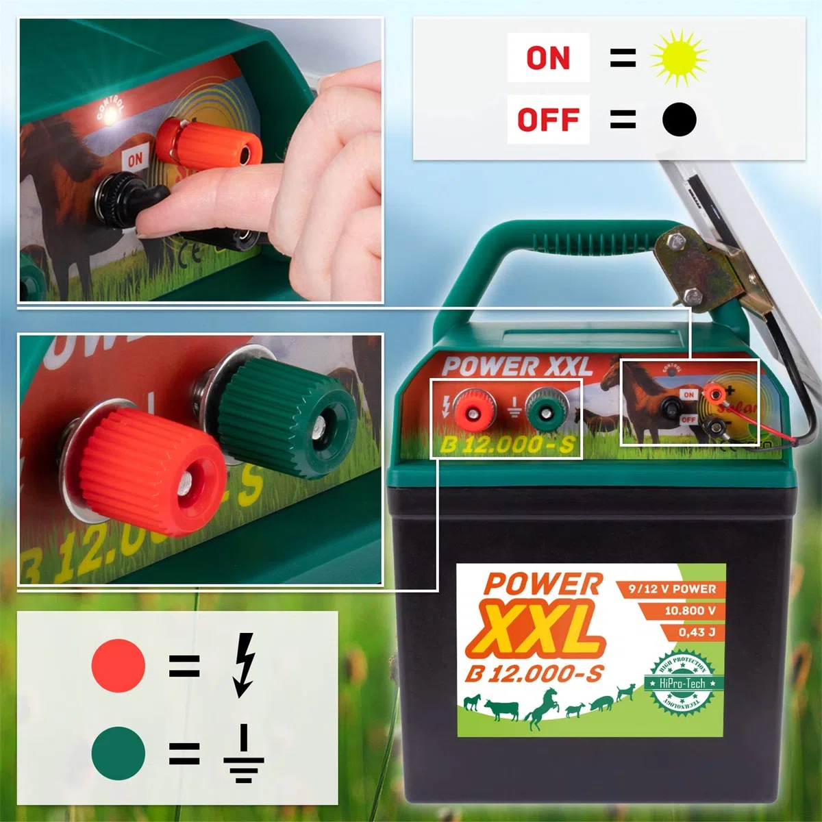VOSS Power XXL B 12.000-S, 10.800V Starkes Solar-Weidezaungerät 9V 12V, inkl. 55Ah Batterie und Warnschild, Hocheffektives Solarmodul, Für Pferde, Ponys, Hund, Katze, Reiher, Rind, Schwein