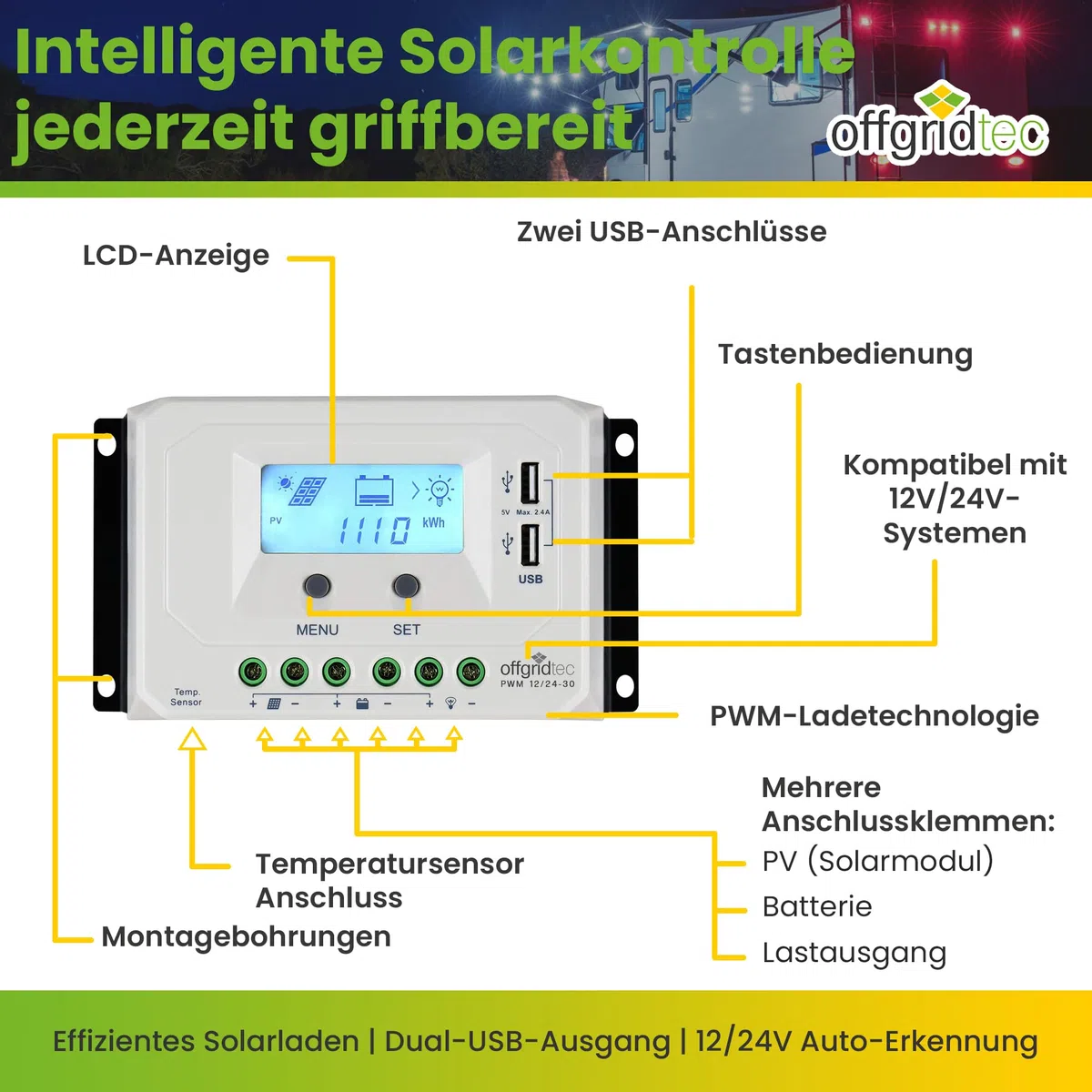 Offgridtec® PWM Pro Laderegler 12V/24V 30A USB