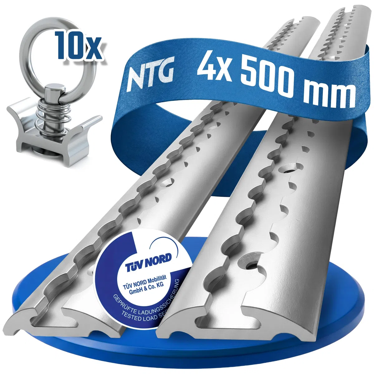 NTG Airlineschiene 4 STK 0,5m / 500mm halbrund Alu m. 10 Fittings -TÜV Zertifiziert- Sparsetauswahl Anhängerzubehör Ladungssicherung Aluschiene LKW Transporter - m. Bohrungen Silber eloxiert