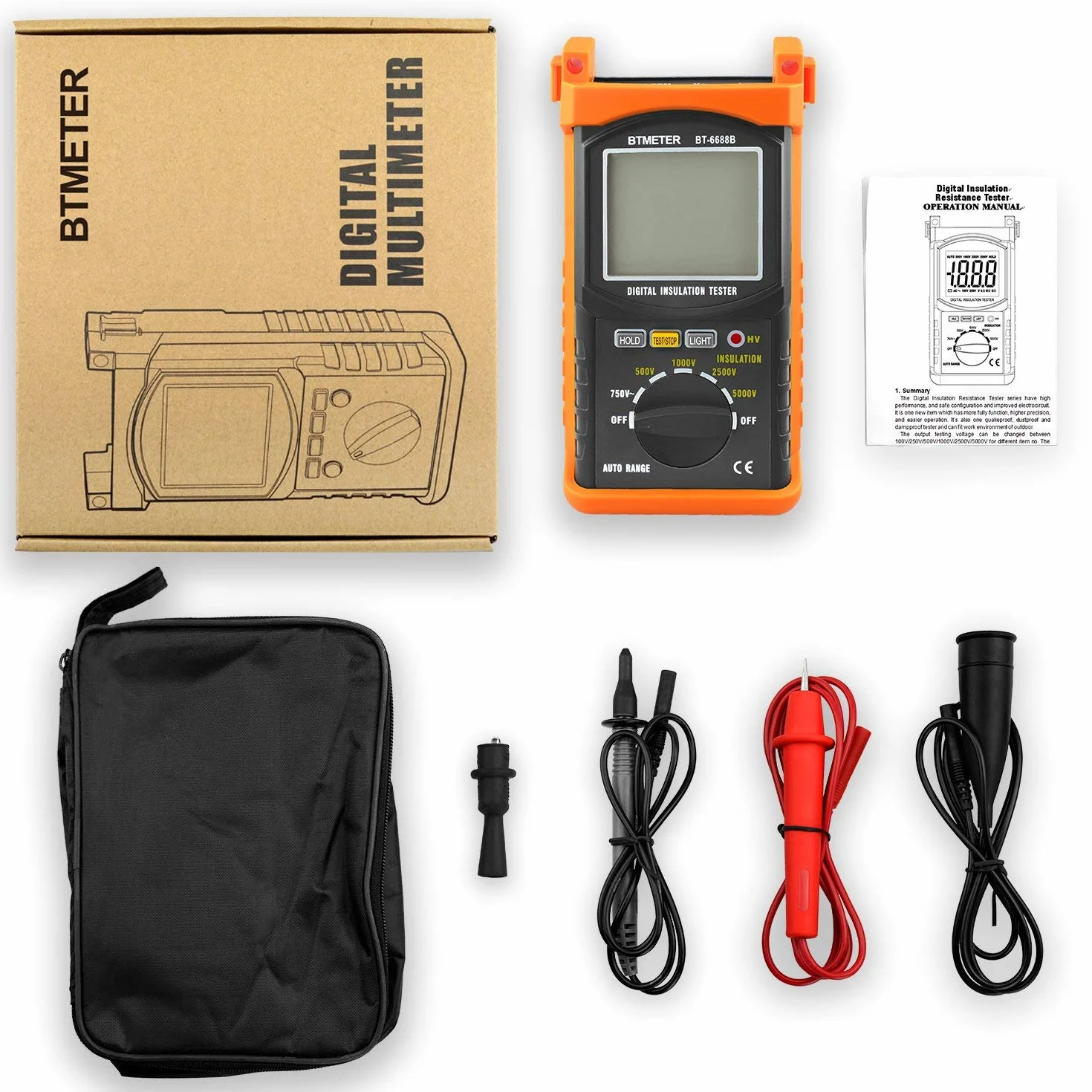 Megohmmeter Isolationsmessgerät Isolationswiderstand 6688B Auto Range Ohmmeter 1999 Counts LCD Display 500/1000/2500/5000V Spannung,1MΩ~200GΩ Widerstandsprüfung für Kabel Motoren
