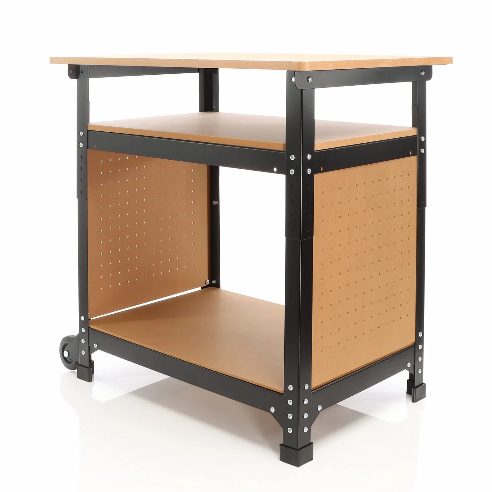 XPOtool Fahrbare Werkbank 69 x 51 x 66-82 cm, höhenverstellbarer Werktisch, Arbeitstisch mit 2 Rollen, 2 Ablagen und seitliche Lochwand