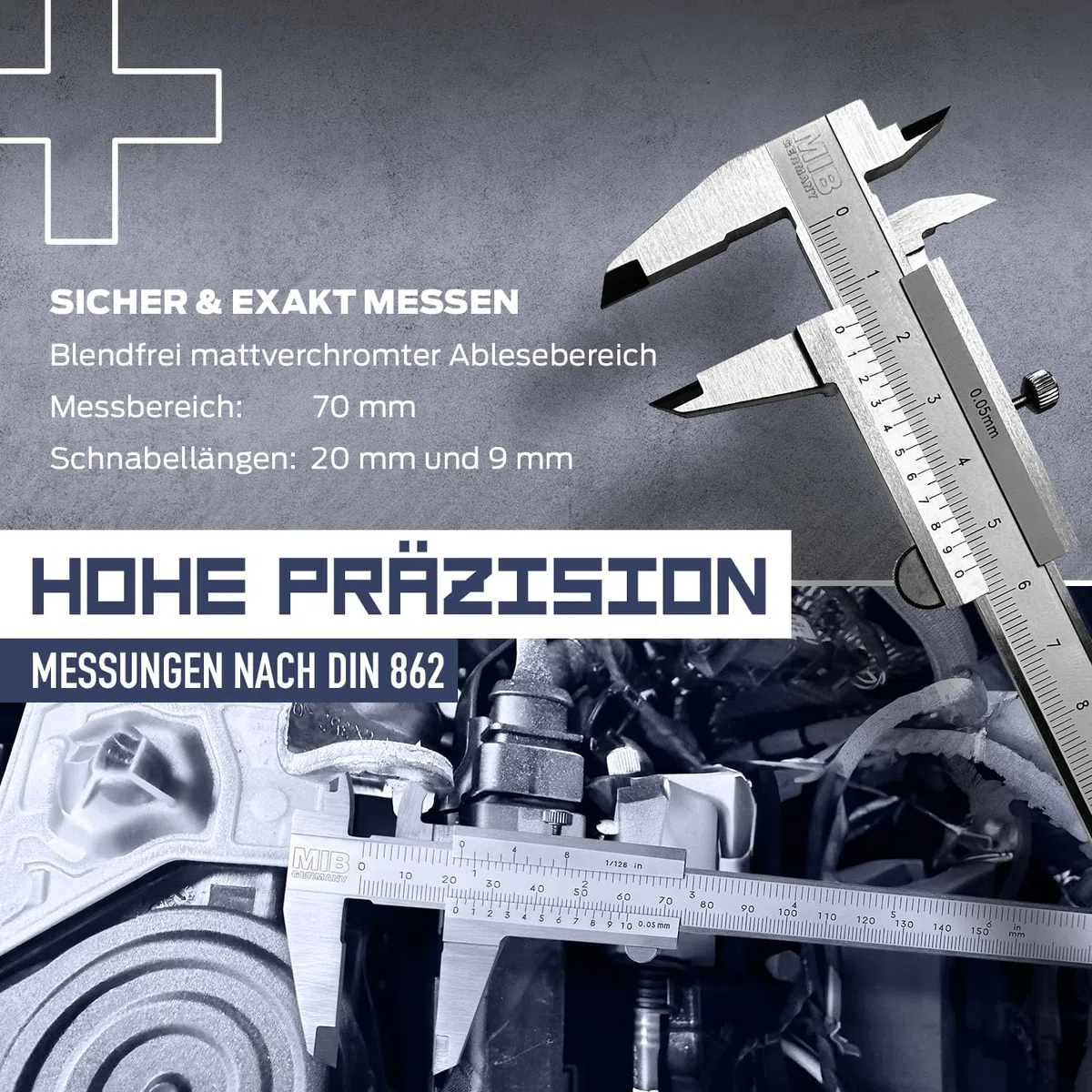 MIB Klein-Messschieber mit Feststellschraube DIN 862 70mm | Schieblehre rostfreier Stahl | Analog Messschieber | Schublehre mattverchromt | Präzisions-Messgerät für 4-fach Messung | Messwerkzeug