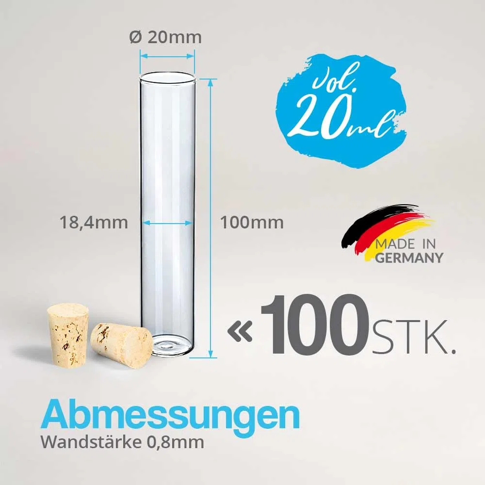 Tuuters Glas Reagenzgläser mit flachem Boden und Korken (100 x Ø 20mm) | 20ml Reagenzglas mit Naturkorken zum Hinstellen - Ideal als Gastgeschenk, Gewürzglas, für Blumensamen oder Geldgeschenke