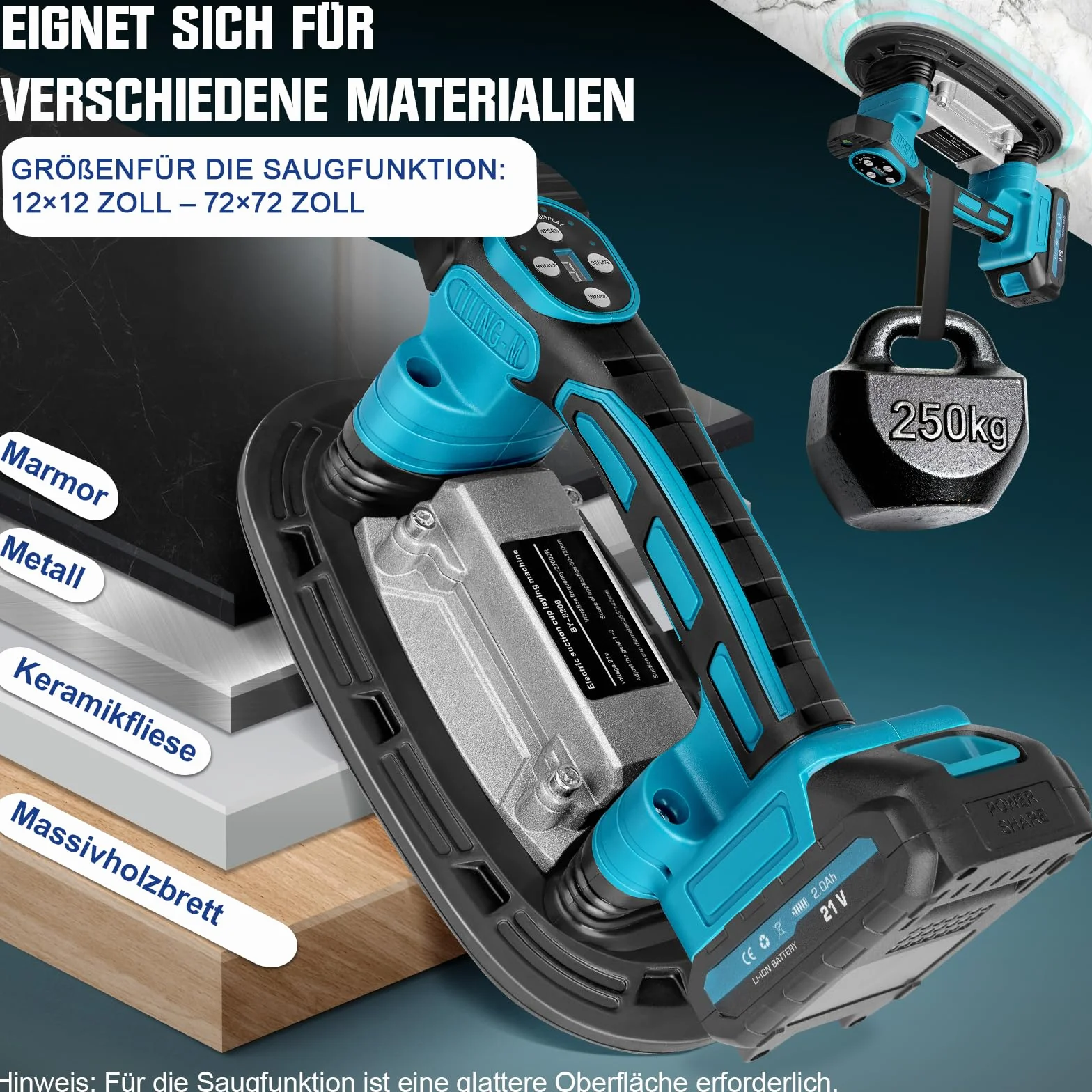 2 IN 1 Akku Fliesenrüttler & Saugnäpfen Kompatibel mit Makita 18V Akku, Fliesenvibrator mit 22.5x12 Saugnapf | 250KG Adsorption | 9 Gang Einstellbaren für 0.3-1.8m Fliesen Wandfliesen (Ohne Batterie)