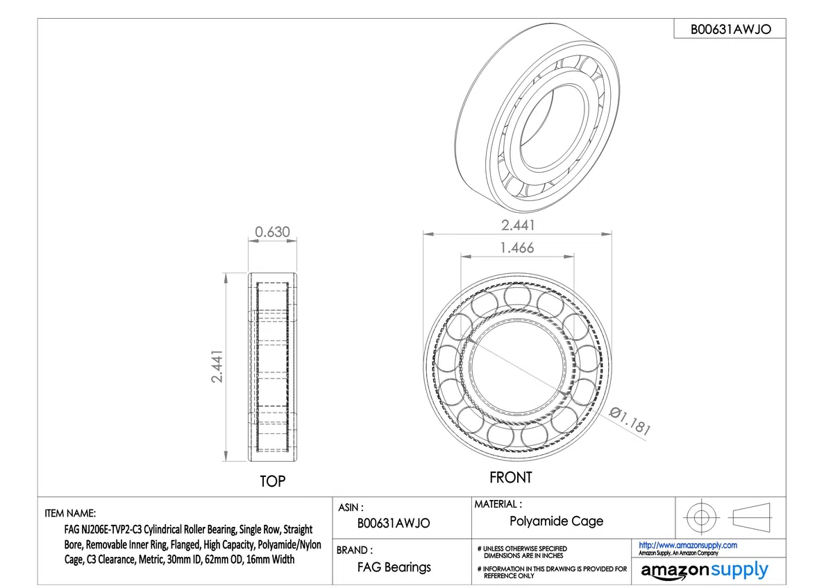 FAG nj206e-tvp2-c3 Zylindrische Roller Bearing, einreihig, gerade Bohrung,abnehmbarer Ring, innen Flansch, Hohe Kapazität, Polyamid/Nylon Käfig,C3 Clearance, metrisches,30 mm ID,62 mm OD,16 mm Breite