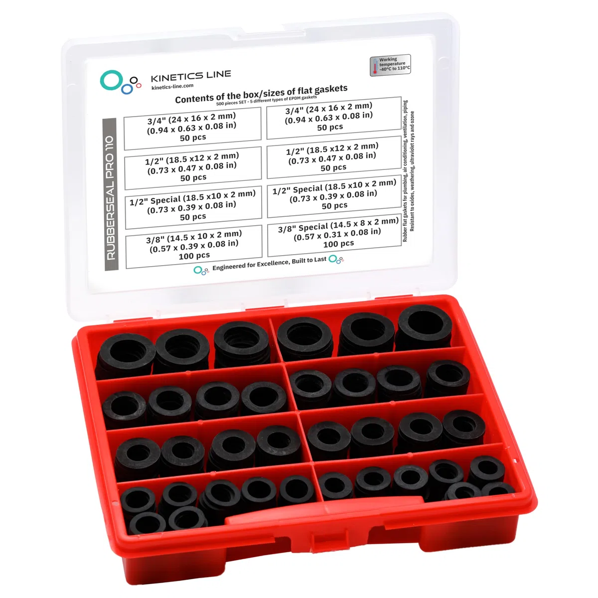 Dichtungsbox mit 500 EPDM Gummi Flachdichtungen 3/8-3/4 Zoll - Dichtung Sortiment für sichere Abdichtung in Wasser- und Heizungsinstallationen - von −40 °C bis 110 °C
