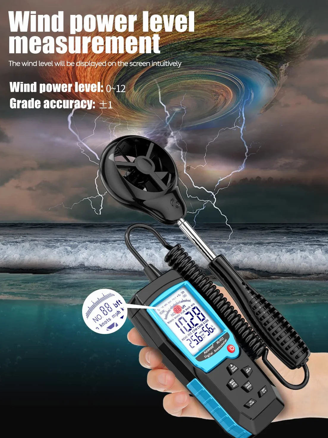 H12 Digitales Anemometer Handmessgerät, Windmesser Windmessgerät mit Erweitertem Windsensor, misst Windgeschwindigkeit (MAX/MIN/AVG) Windfluss (CFM)