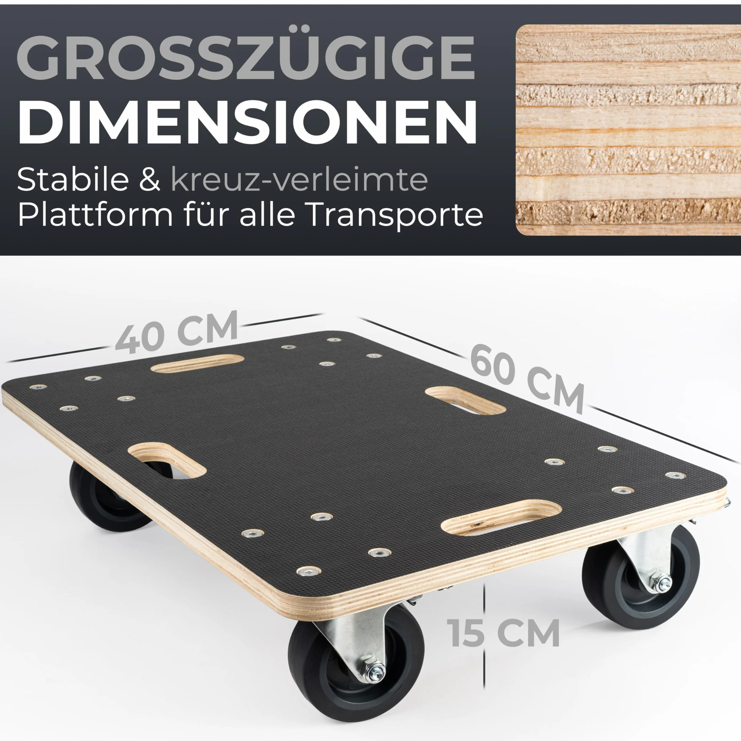 Rollbrett Schwerlast | Extra leise Rollen | 400kg Belastung | mit 2 Festell-Bremsen und Tragegriffen | Hochwertiges Holz | Transportroller | Rollwagen für Pflanzgefäße
