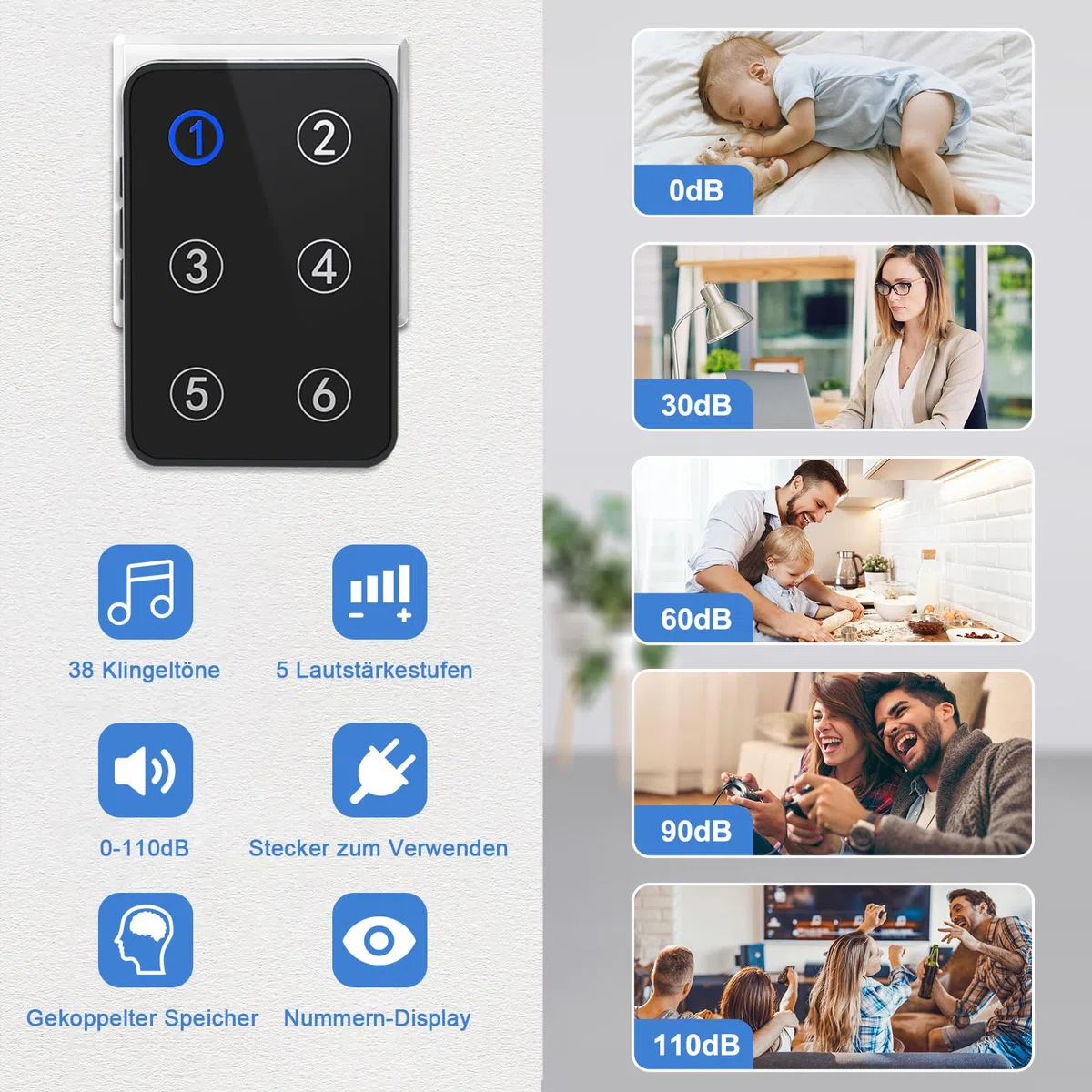 Daytech Elderly Pager, 6-stellige Display-Positionierung, 110 dB, für Zuhause, Pflegeheim, Krankenhaus (1 Empfänger + 6 Tasten)