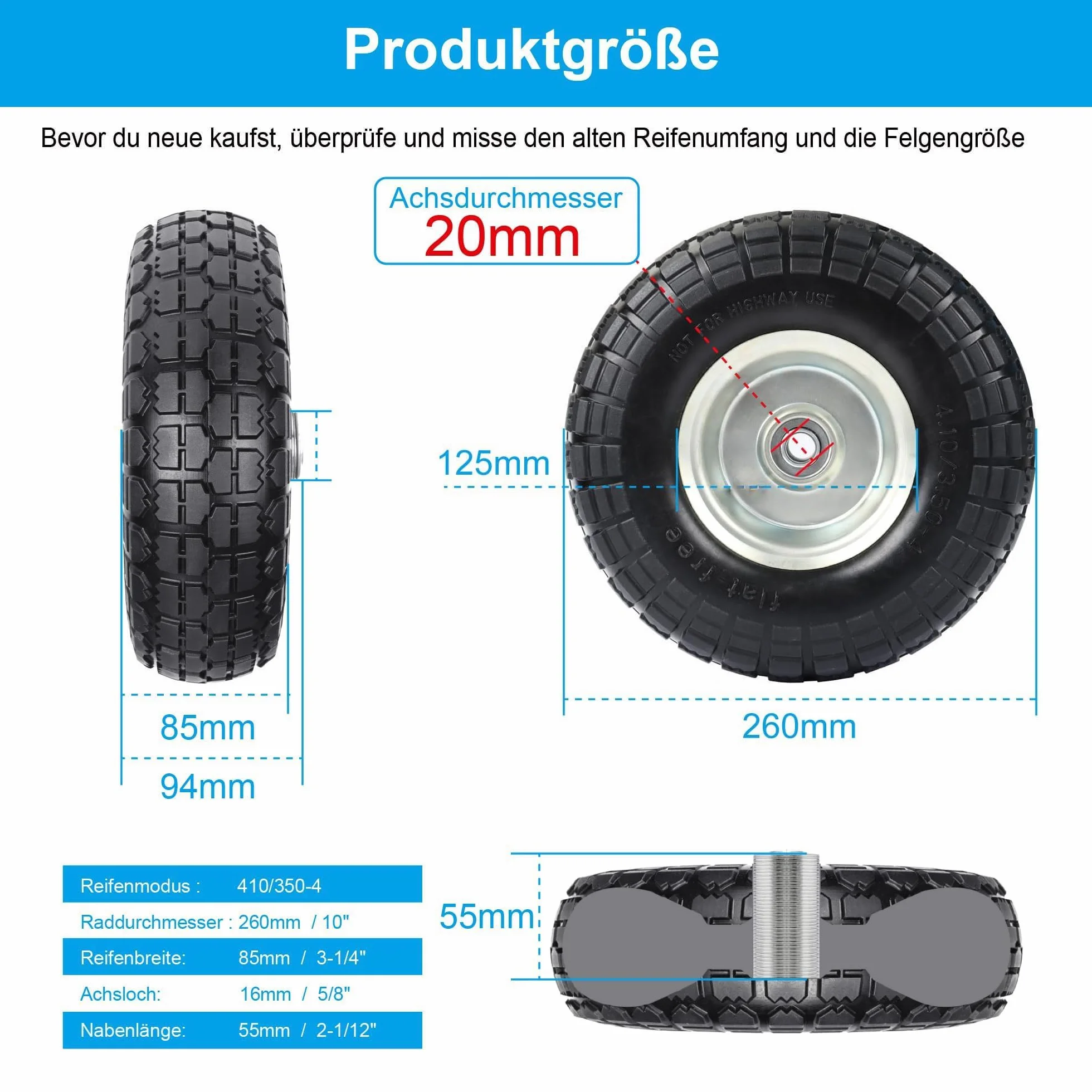Sackkarrenrad Räder für Sackkarre Vollgummireifen Reifen : Vollgummi Reifen 4.10 3.50-4, Bollerwagen Ersatzräder 260 x 85 mm, （ Rad Achse 20mm Achse 2 Stück)