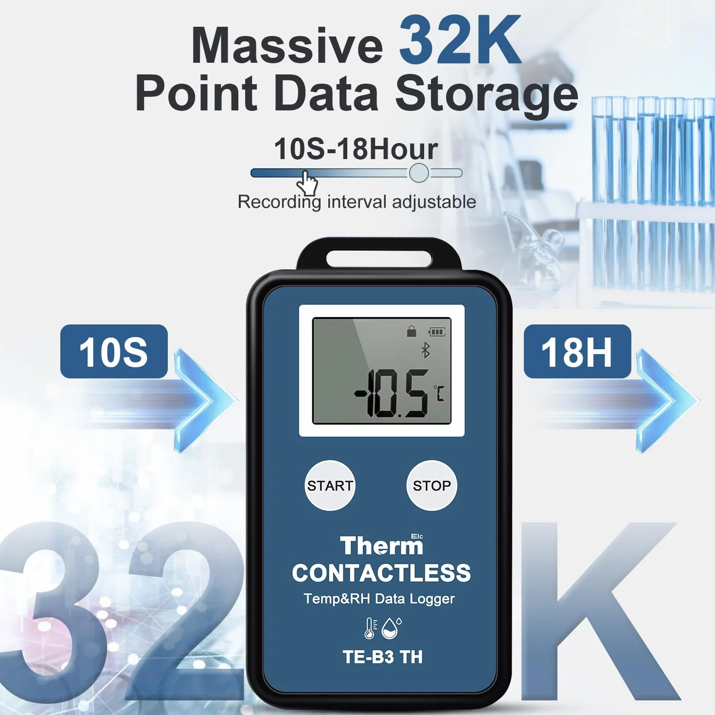 ThermElc TE-B3 Bluetooth datenlogger temperatur luftfeuchtigkeit, 300 m Reichweite,32.000 Messpunkte,LCD-Display, PDF&CSV-Berichte, professioneller Sensor für Temperatur und Feuchtigkeitskartierung
