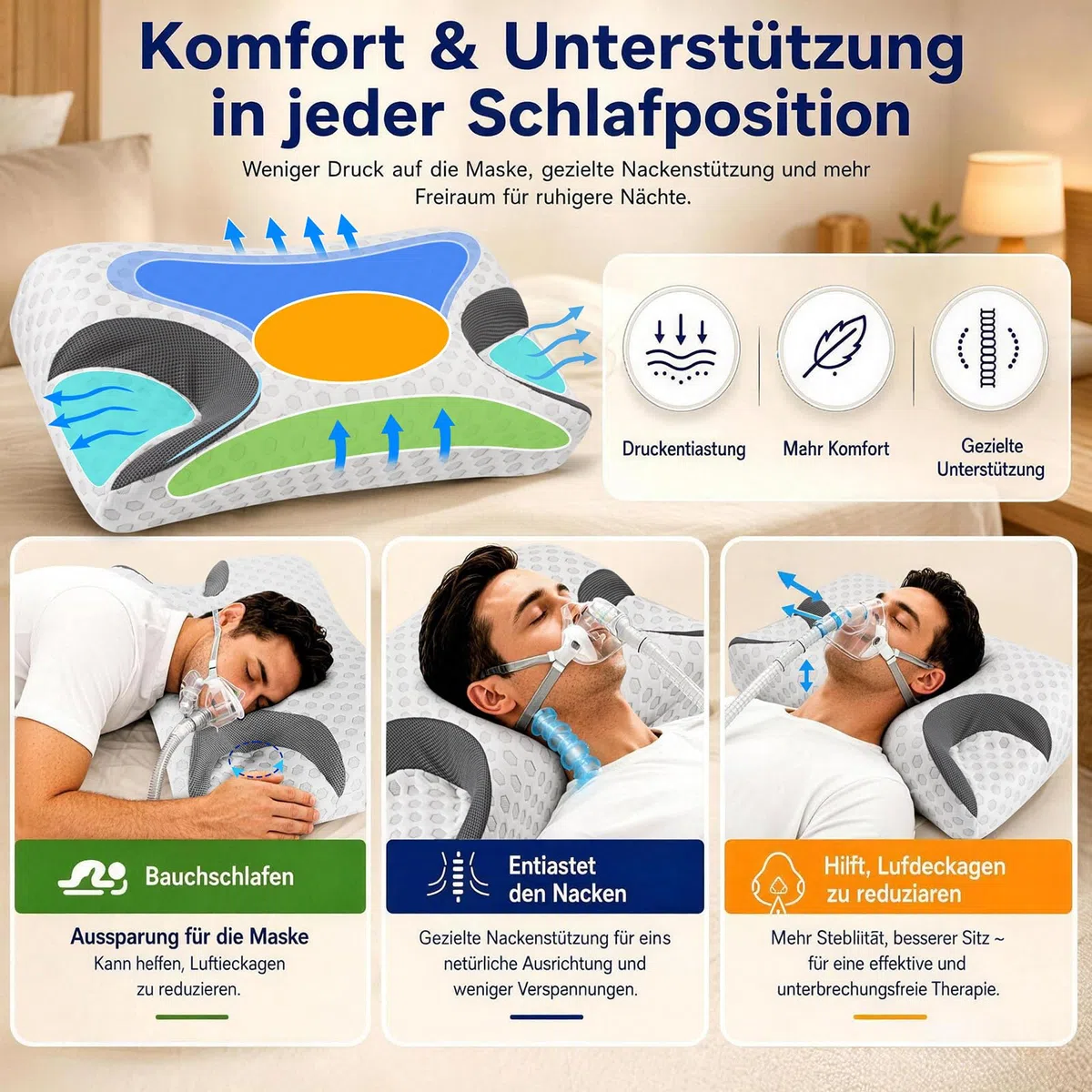 CPAP Kissen für Seitenschläfer, Memory Foam Kopfkissen für CPAP Masken, ergonomisches Nackenstützkissen zur Reduzierung von Maskendruck und Luftleckagen, für Seiten-, Rücken- und Bauchschläfer