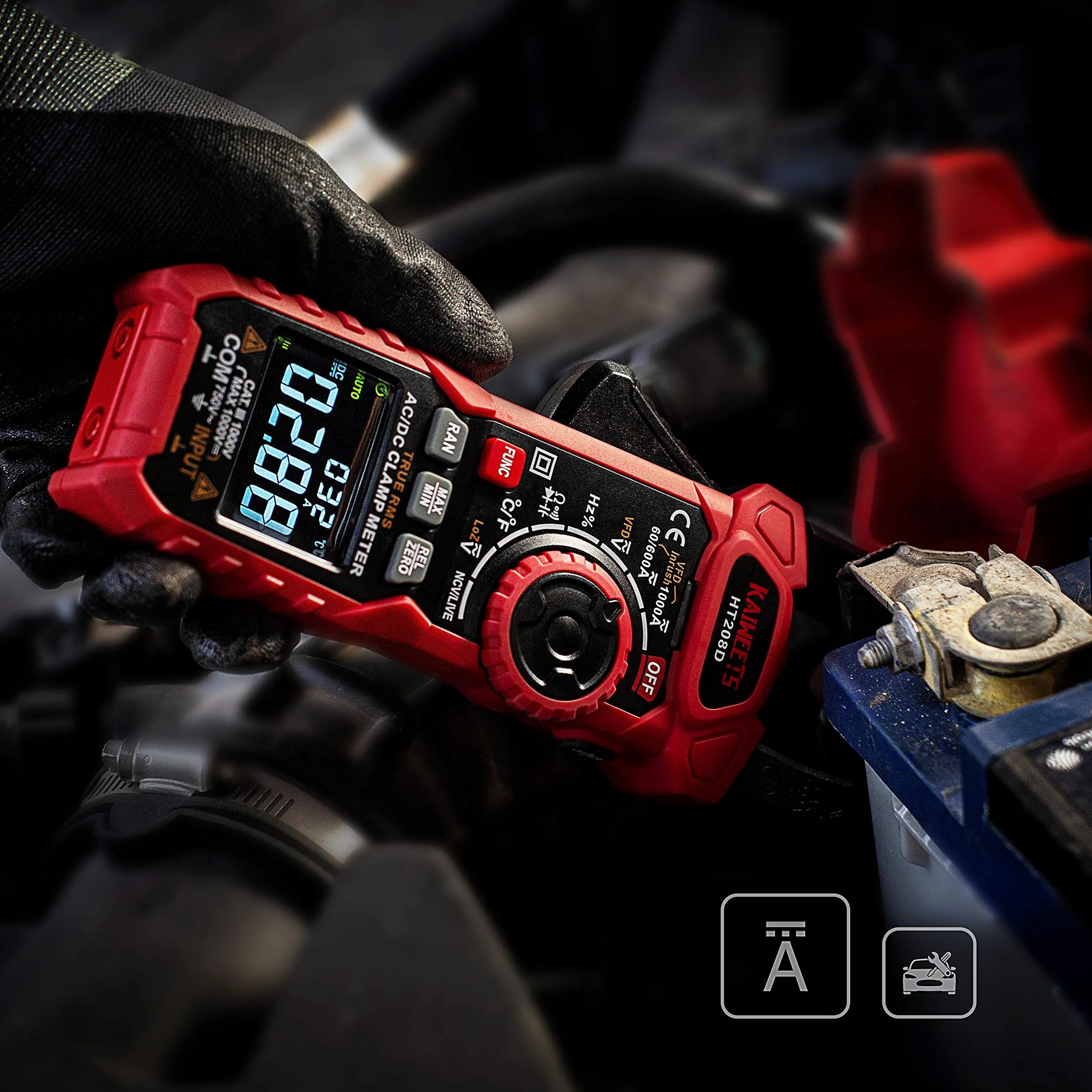 Einschaltstrom Stromzange 1000A True-RMS AC/DC-Zangenmultimeter, VFD, LOZ-Modus, 6000 Zähler, Misst Strom Spannung Temperatur Kapazität widerstand Dioden Kontinuität (HT208D)