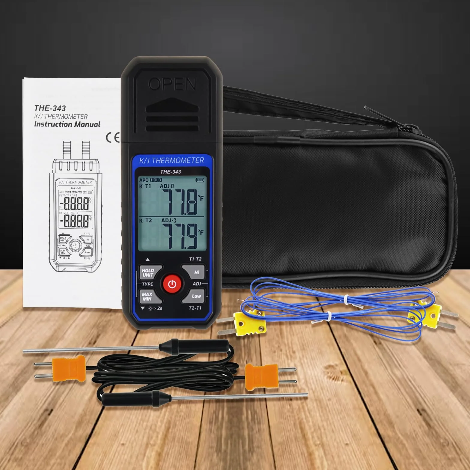 Thermoelement-Thermometer, digital, Typ K/J, mit 4 Thermoelementen vom Typ K, HVAC-Thermometer mit Alarm und Adj-Kompensation, Temperaturmessgerät, Messbereich -200 °C bis 1372 °C