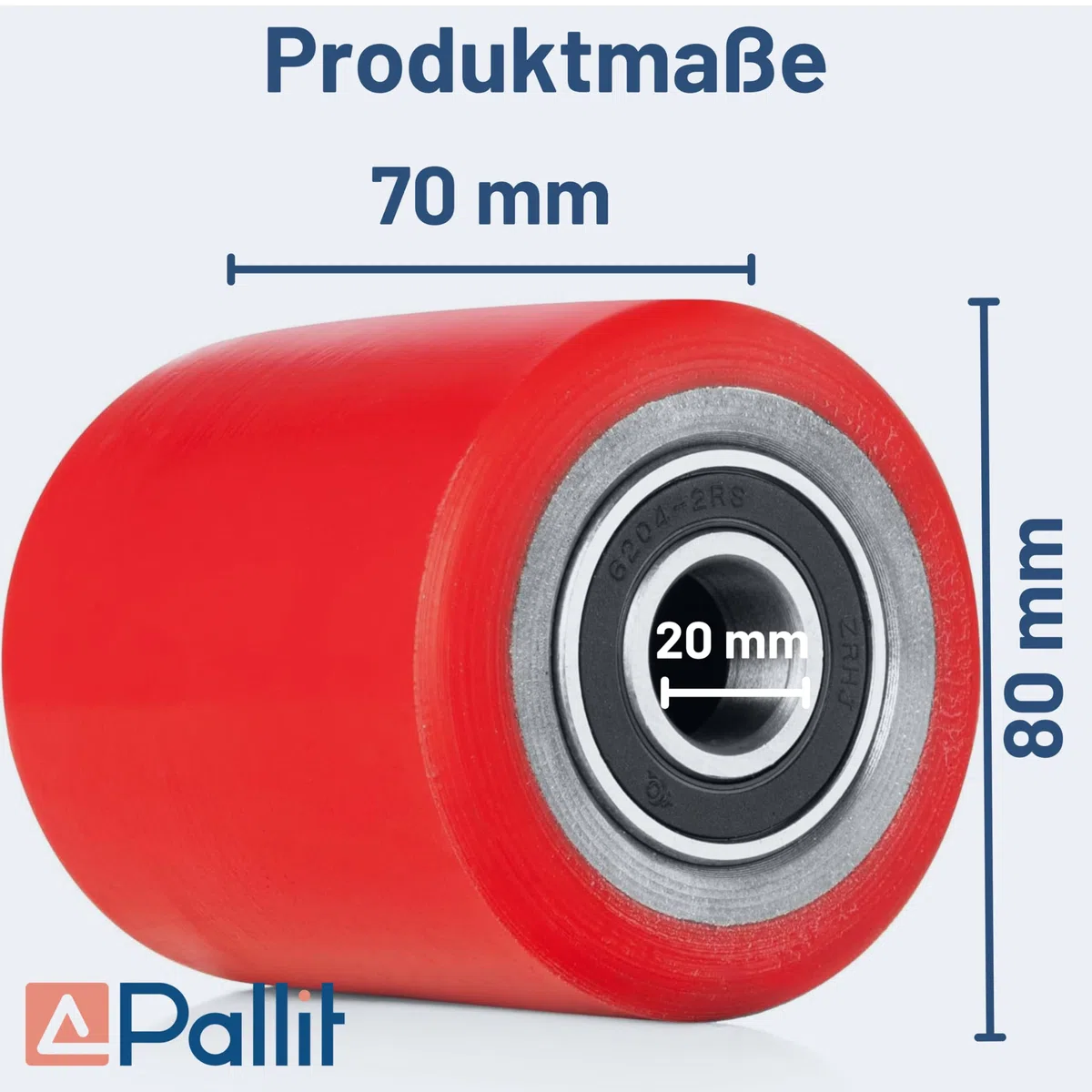 4 Stück Lastrolle Polyurethan (PU) rot 80x70 mm Achse 20mm Laufrolle Rad Hubwagen Rollen inkl. Kugellager Gabelhubwagenrolle Hubwagenrollen