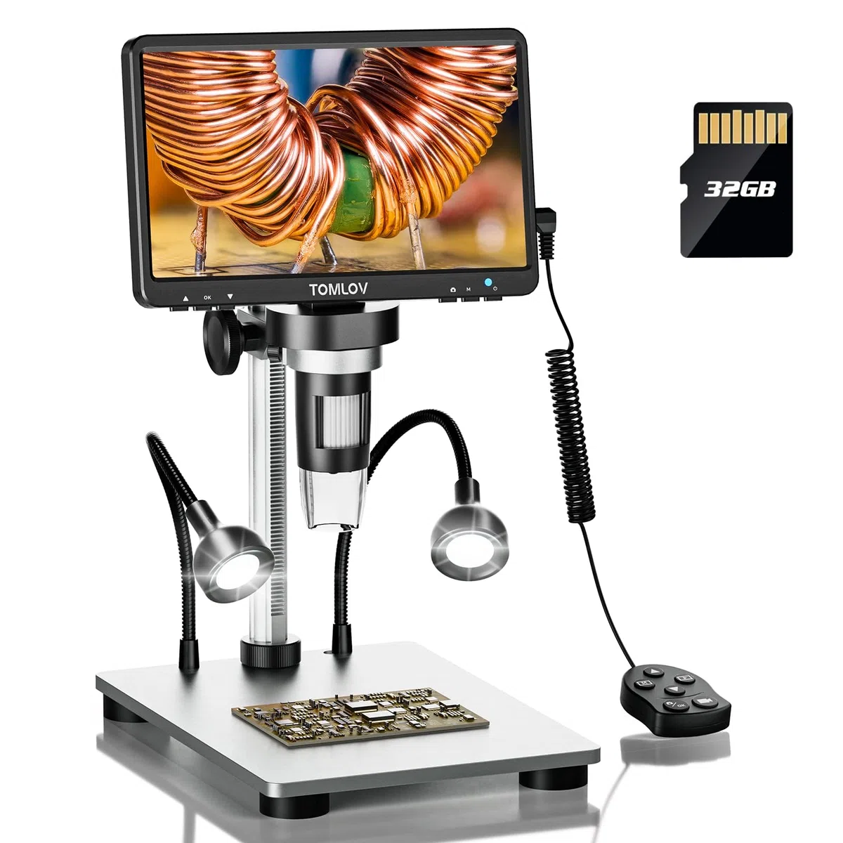TOMLOV DM9 7" LCD Digital Mikroskop 1200X, 1080P USB Lötmikroskop, Handmikroskop mit einstellbarem Metallständer, 12MP Super präziser Fokus, LED-Volllicht, PC/Windows/Mac kompatibel, 32GB
