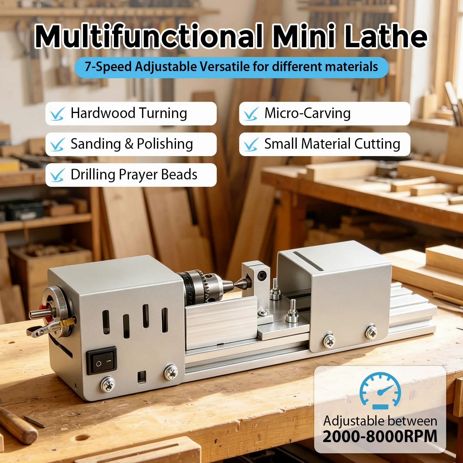 Mini Drehmaschine 125W, Drechselmaschine, Drehbank 2000-8000U/min, 7 Gang Einstellung, Mini-Holzdrehmaschine, Fräsdrehmaschine, Schneiden, Polieren, für Hobbyisten, Holzbearbeitung,Handwerk,Modellbau