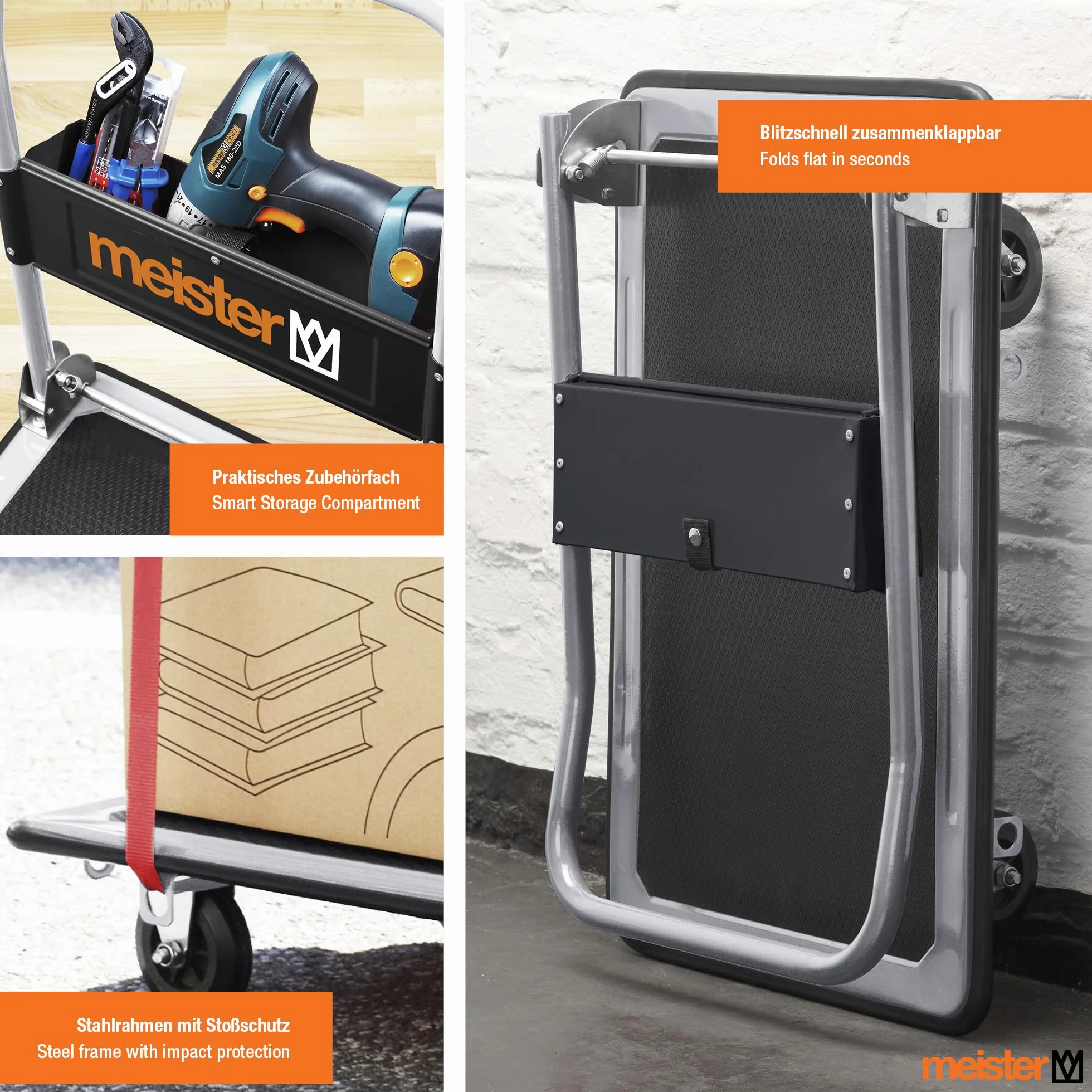 Meister Plattformwagen - Klappbar - Bis 300 kg Tragkraft - Feststellbremse / Transporthilfe mit Lenkrollen / Paketwagen mit Antirutsch-Beschichtung / Klappwagen aus Stahl / 8985540