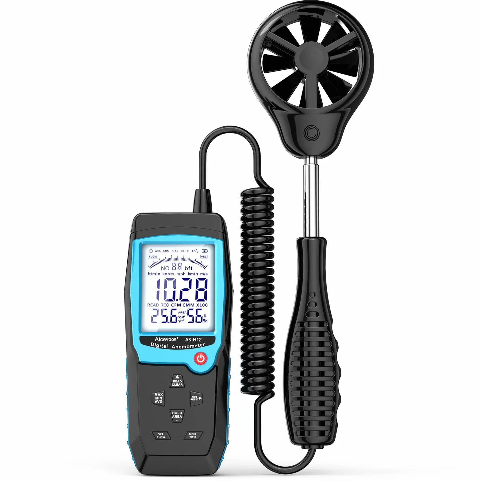 H12 Digitales Anemometer Handmessgerät, Windmesser Windmessgerät mit Erweitertem Windsensor, misst Windgeschwindigkeit (MAX/MIN/AVG) Windfluss (CFM)