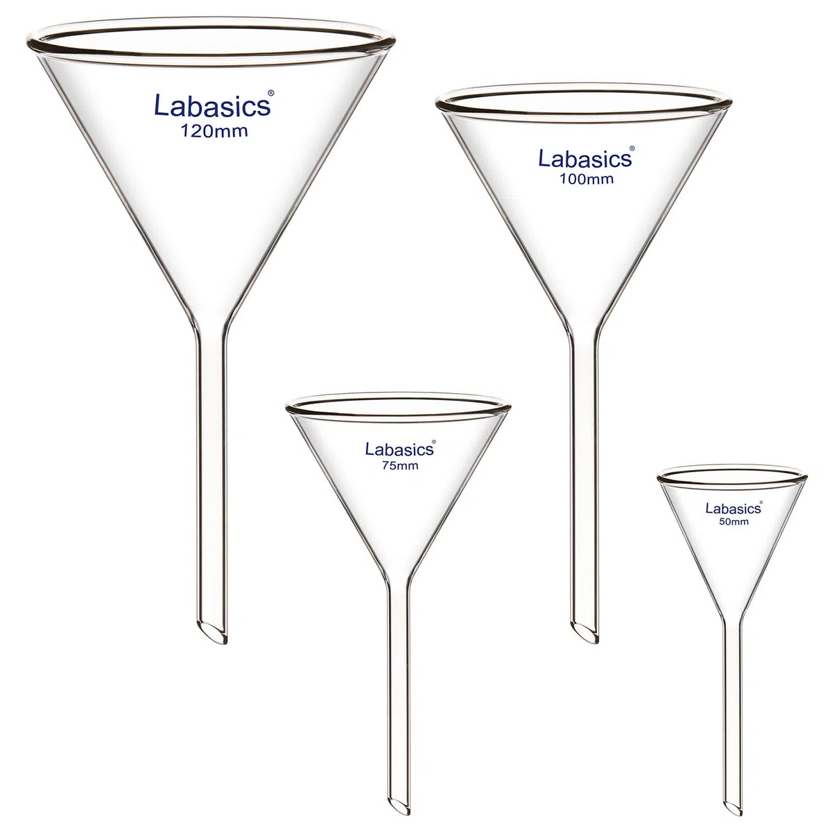 Labasics Borosilikatglas-Trichter-Set, Dickwandiges Kurzstiel-Filtrationskit für Laborfiltration, 50/75/100/120 mm Durchmesser, 4er-Pack