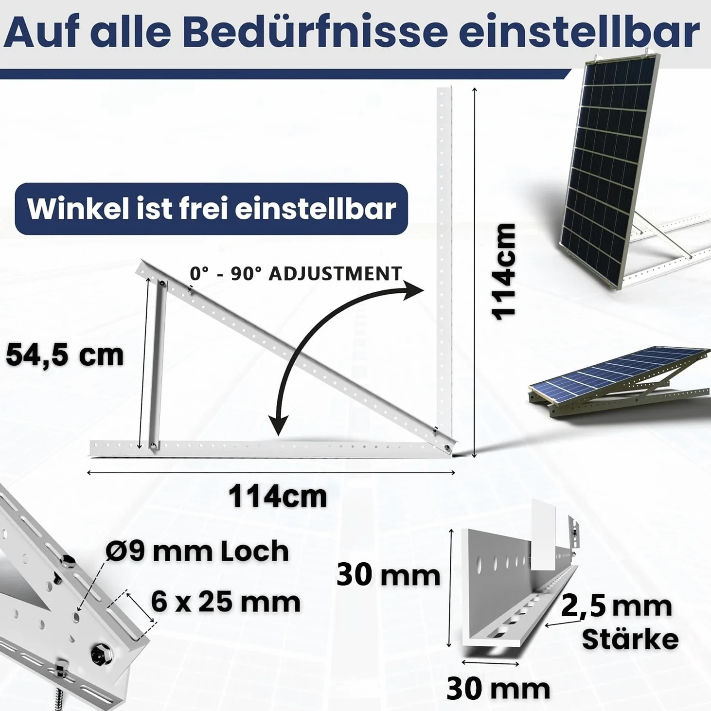 GLIESE Solarmodul Halterung 114 cm (2er-Set),Solarpanel Halterung,Balkonkraftwerk Halterung,Verstellbarer Winkel Von 0° bis 90°,Aluminium Halterungen Flachdach für 100 W-600 W, 0% MwSt.
