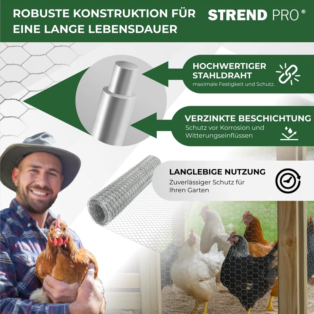 STREND PRO Maschendrahtzaun | Verzinkt | 1m x 50m | 0,7 mm, 13mm HEX | Kaninchendraht, Hasendraht, Volierendraht für Garten & Tierhaltung | Hasengitter, Hühnerzaun, Gartenzaun