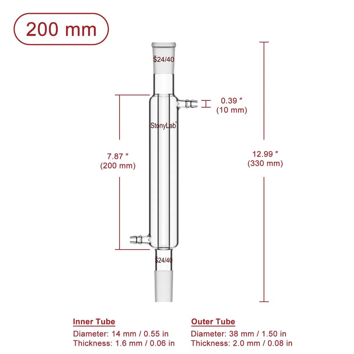stonylab Liebig Kondensator, Borosilikatglas Liebig Kondensator mit 24/40 Gelenk, Mantellänge 200 mm, Labor Kondensation Destillation Glaswaren