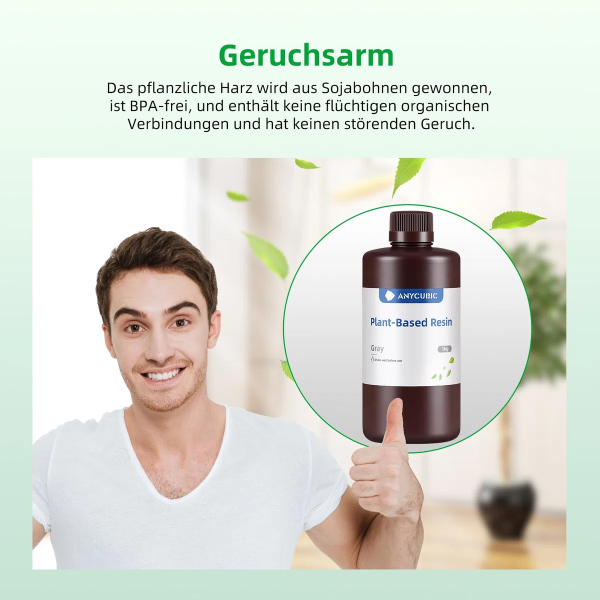 ANYCUBIC 3D Drucker Harz auf Pflanzenbasis, Geruchsarm, Sicherere und Zuverlässigere Zusammensetzung, Hohe Präzision, UV Schnelles Photopolymerharz für 405nm LCD 3D Printer (Grau,1000g)