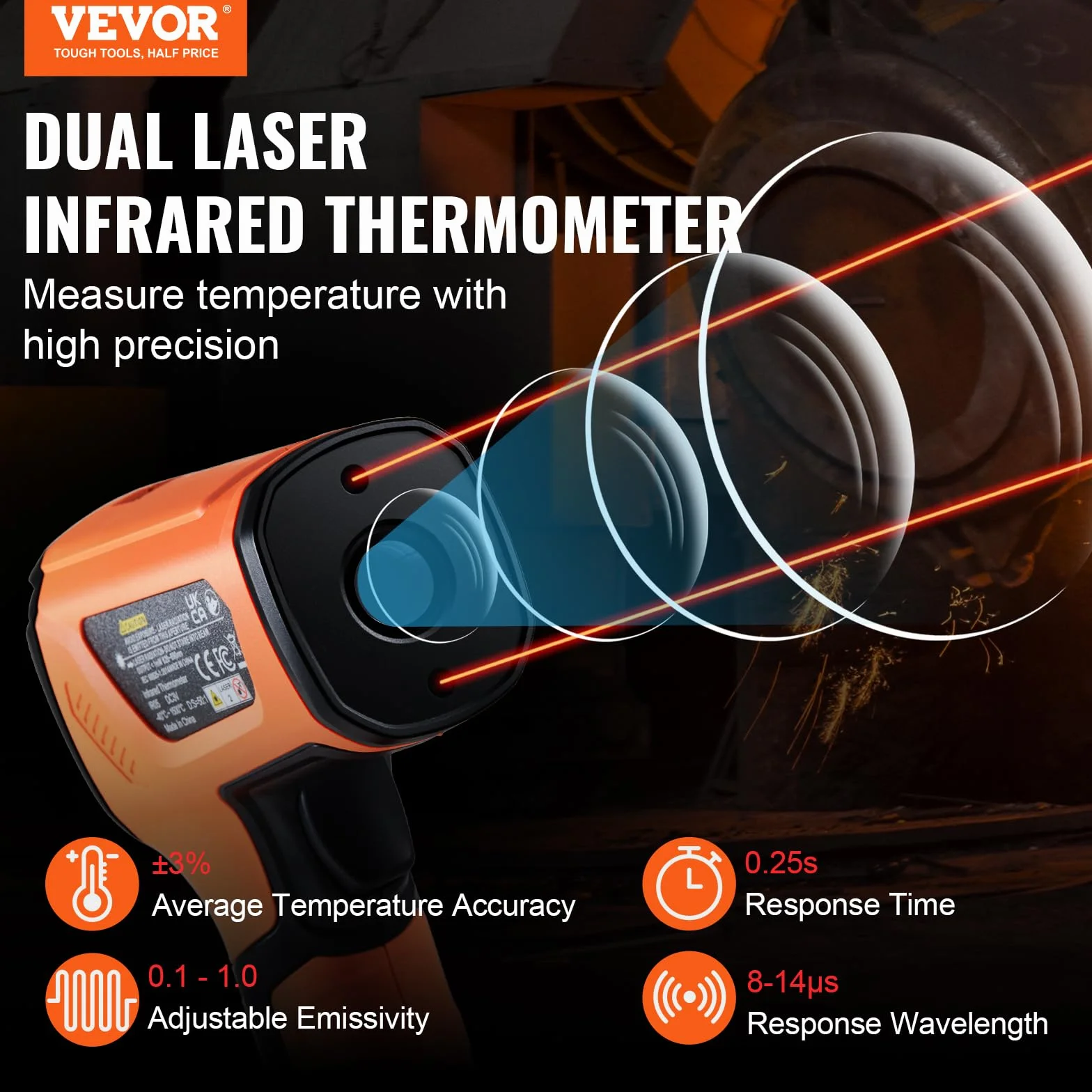 VEVOR Infrarot Thermometer IR 50:1 Pyrometer -40°C bis 1500°C Laser Temperaturmesser 180x120x60mm Temperaturmessgerät Nicht Menschliches Körperthermometer für Kochen/Barbecue/Gefrierschrank/Industrie