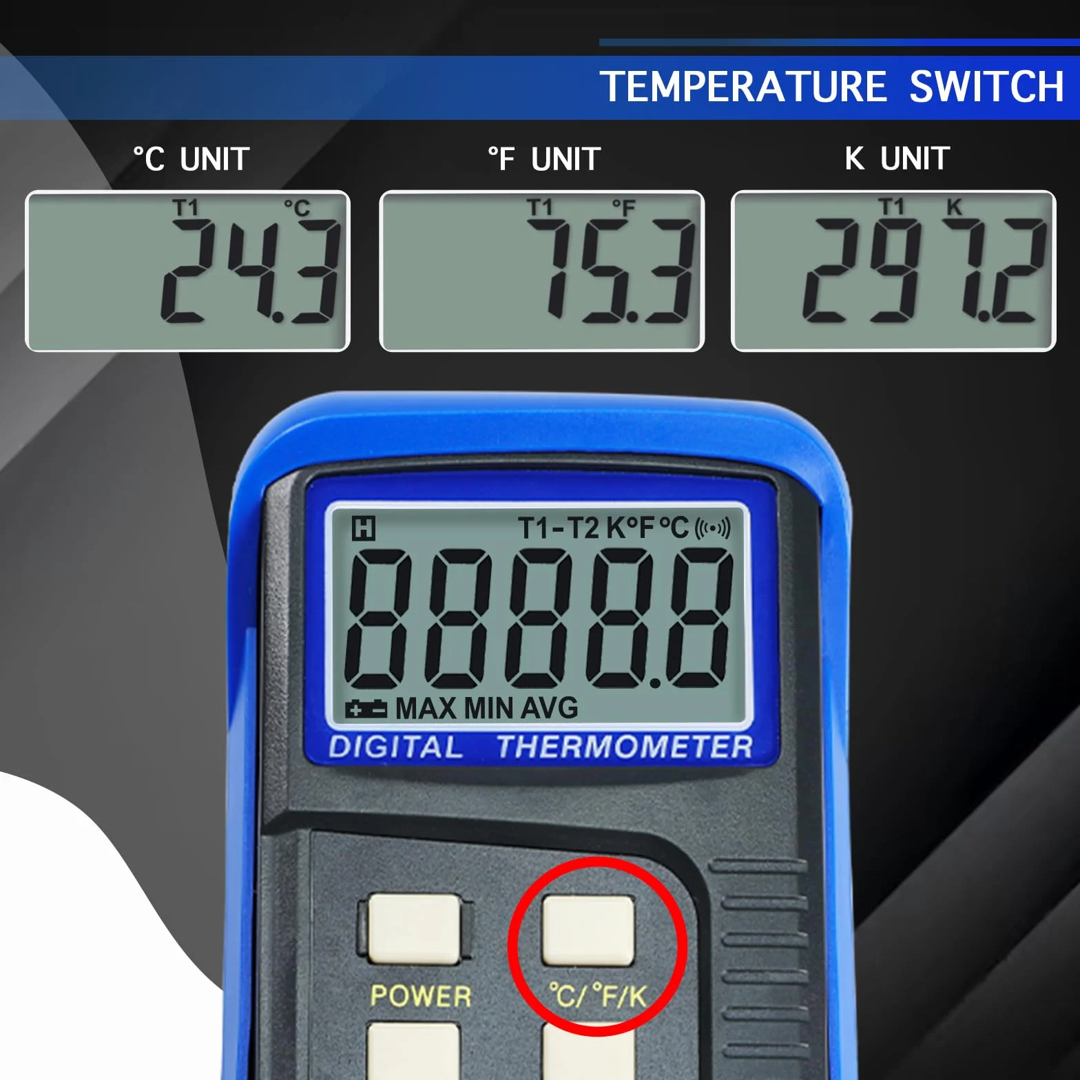 Digitalles Thermometer Dual-Kanal K-Typ Thermoelement Thermometer mit 4 Temperatursensoren - MAX/MIN/AVG & Differenzmessung für Öfen, Öfen, Schmelzöfen, geschmolzenes Metall