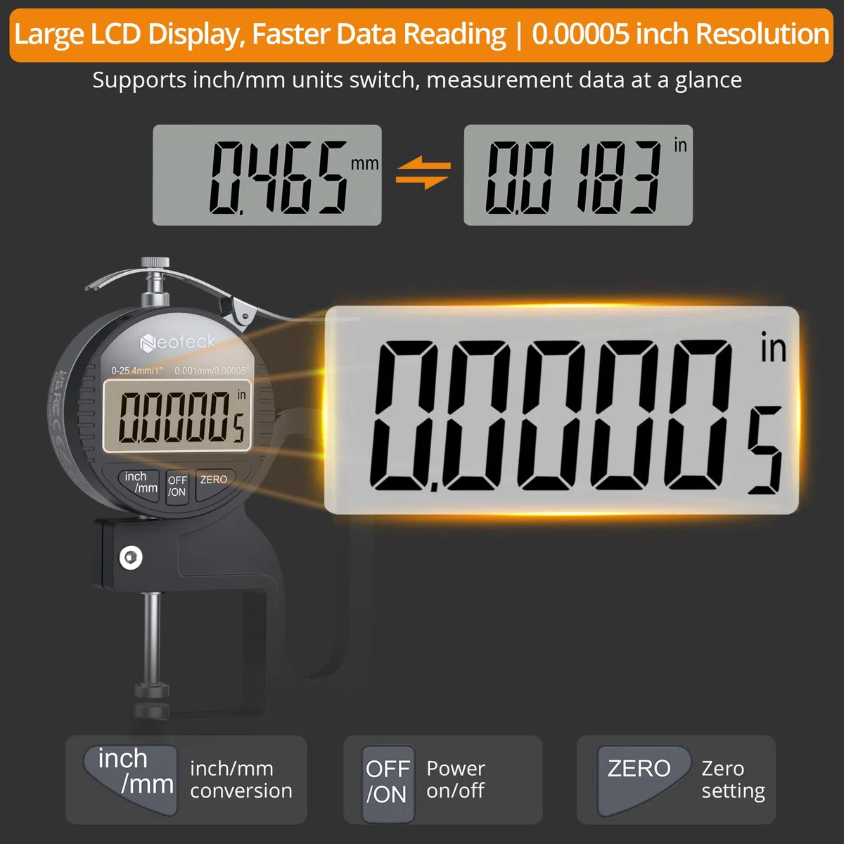 Neoteck Tragbares Digitales Dickenmessgerät 0-25,4 mm Messbereich 0,001/0,00005 '' elektronischer Mikrometer Zoll/metrisch elektronischer Prozent-Dickenmessgerät mit LCD-Anzeige - Schwarz