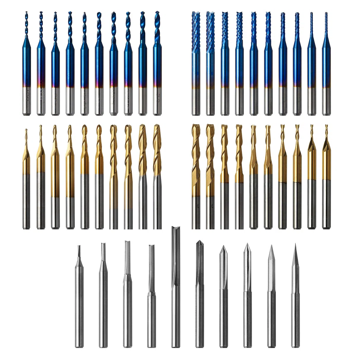 Genmitsu 50 Stück Hartmetall CNC Fräser-Satz, 1/8 Zoll Schaft 2-Flute Schaftfräser, Kugelfräser & Spiralfräser, PCB Drill Router Bits & V-Groove Gravierfräser, MC50A