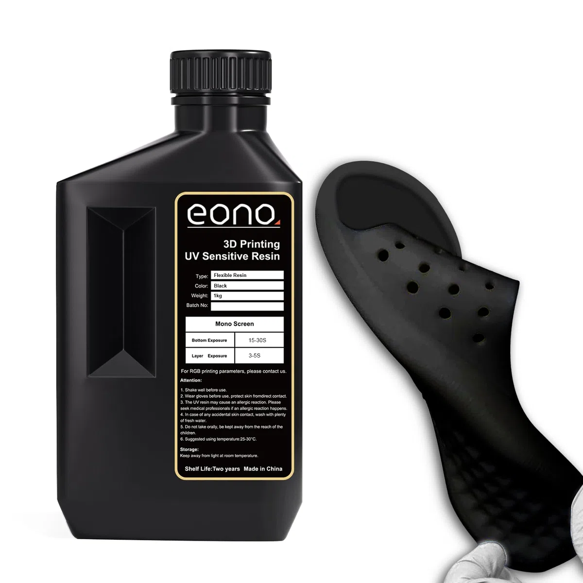 EONO Flexibles 3D Drucker Resin (Shore 80A) 3D Druck Resin Weiches Gummi/TPU-ähnliches Resin, Hohe Dehnung, 405nm Schnelle UV Resin für LCD Drucker, Schwarz 1000g