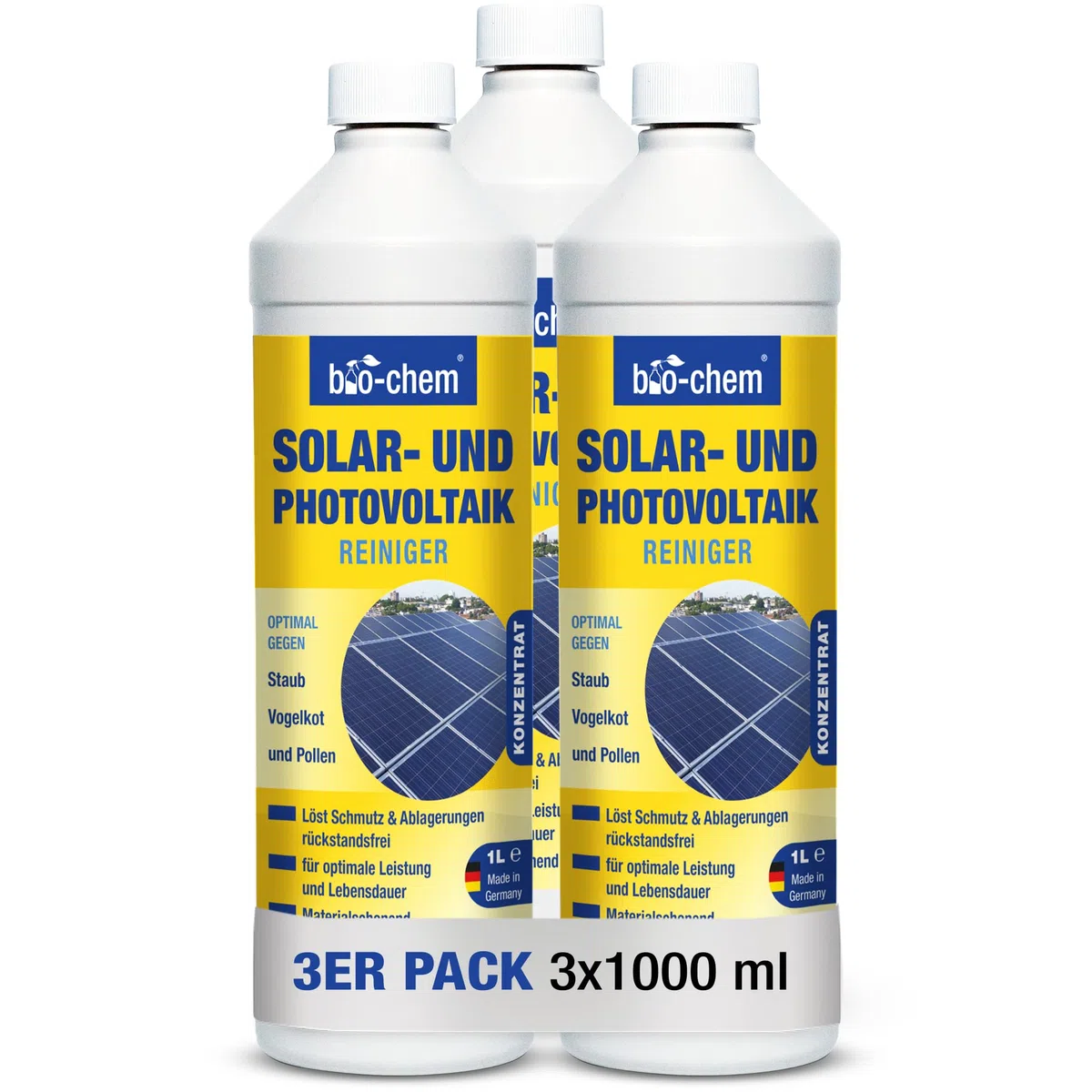 bio-chem Solarreiniger PV Photovoltaik Konzentrat 3x 1L | Bis 1:20 verdünnbar | für Solar- und Photovoltaikflächen, tiefenwirksam und materialschonend