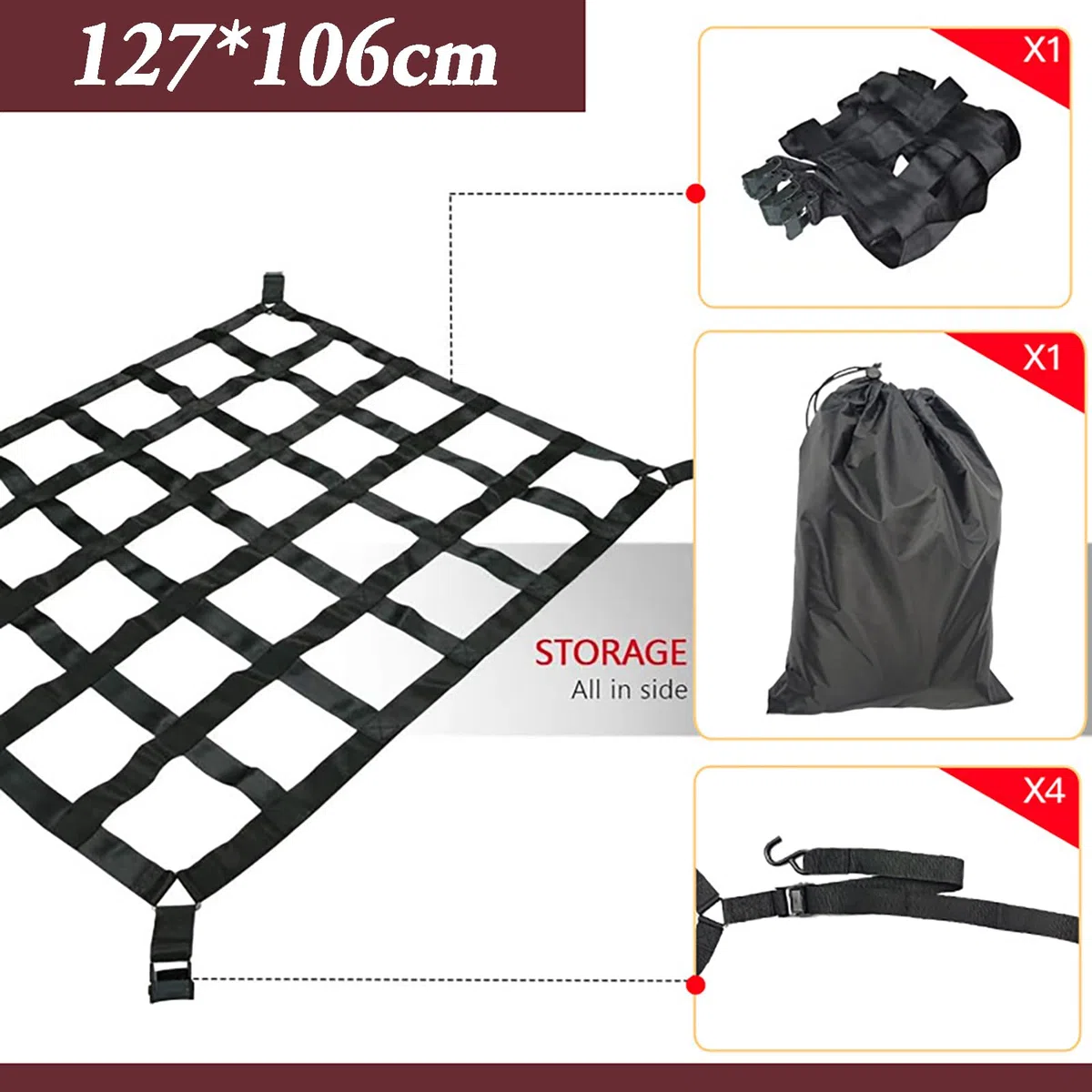 Ladungssicherungsnetz,Cargo Net,Luggage Net for Trailers,Ca. 127x106cm,Rissfest,4 Gurte,Geeignet Für Lkws,Anhänger,Pickup-Trucks,Suvs Usw.,Schwarz