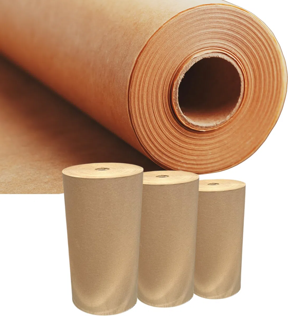 Rolle aus naturbraunem Kraftpapier. Erhältlich in Längen von 100 bis 300 Metern und Breiten von 30, 60, 90 oder 105 cm. (30 cm x 300 m - 45g/m2)