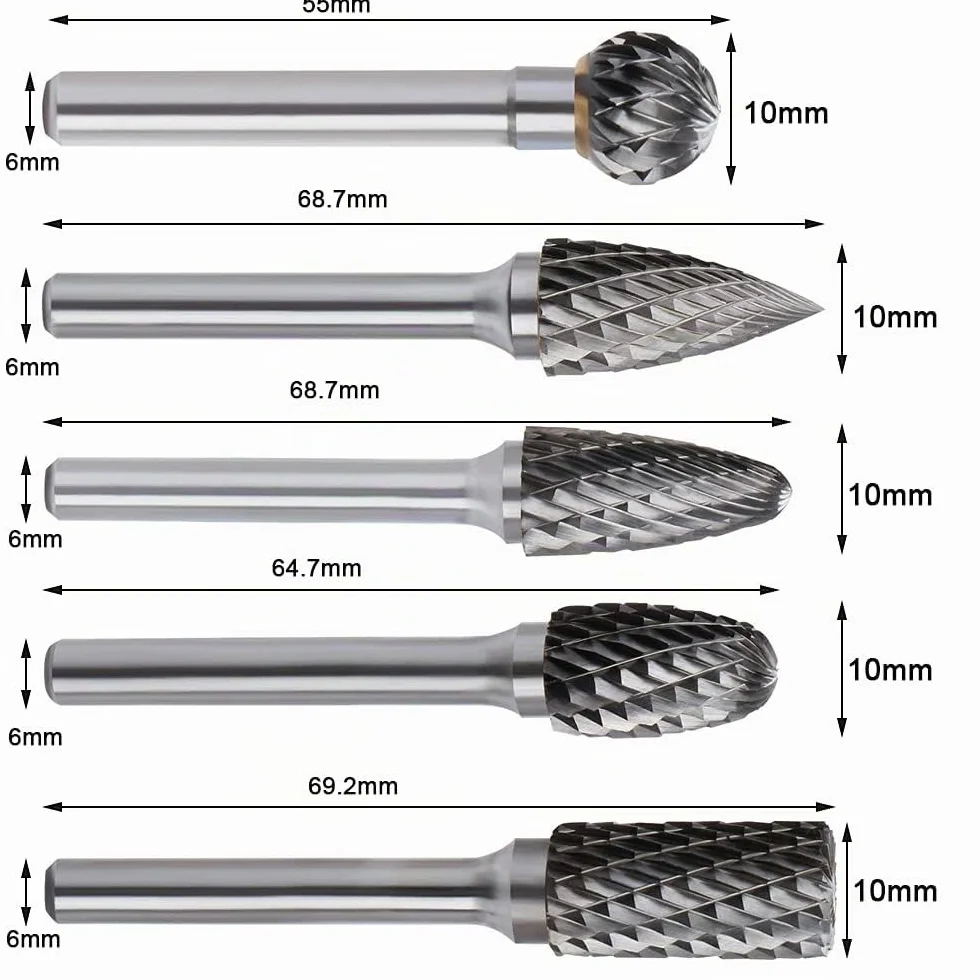 ASNOMY Wolframcarbid fräser – 5 Stück Raspel Set 10mm Hartmetall Rotary Frässet Frässtifte für Schneidschleifer, Metallschnitzen, Polieren, Gravieren, Bohren mit 6 mm Schaft Fräser-Bit-Set