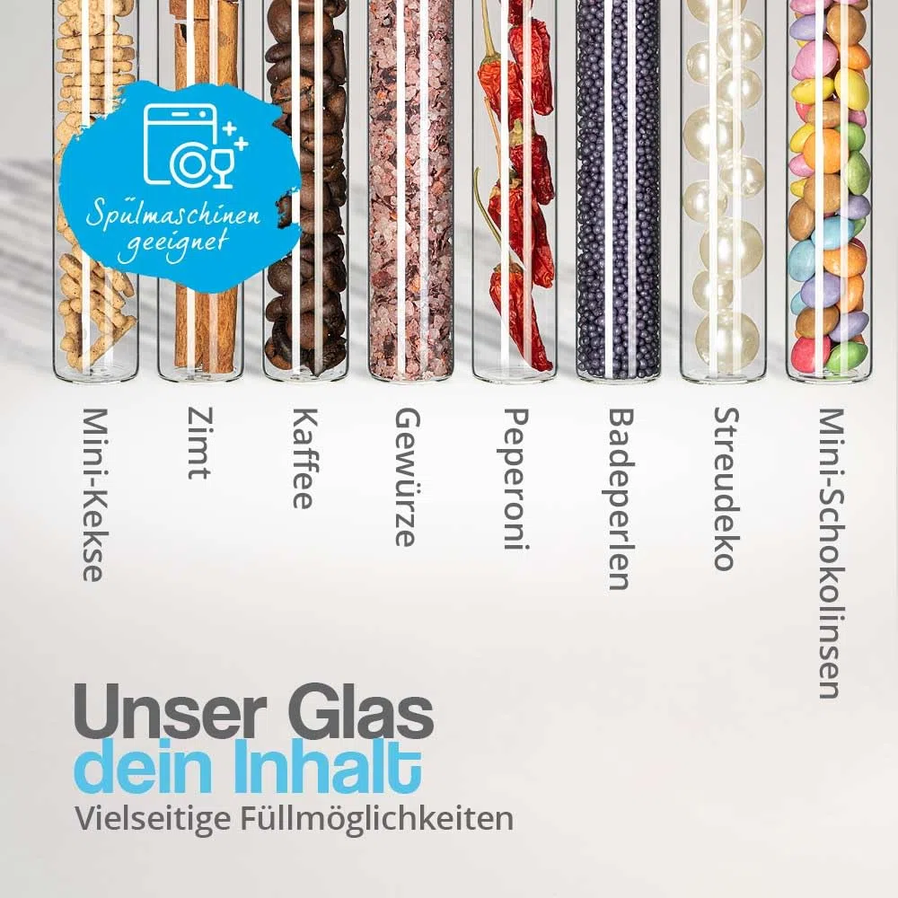 Tuuters Glas Reagenzgläser mit flachem Boden und Korken (100 x Ø 20mm) | 20ml Reagenzglas mit Naturkorken zum Hinstellen - Ideal als Gastgeschenk, Gewürzglas, für Blumensamen oder Geldgeschenke