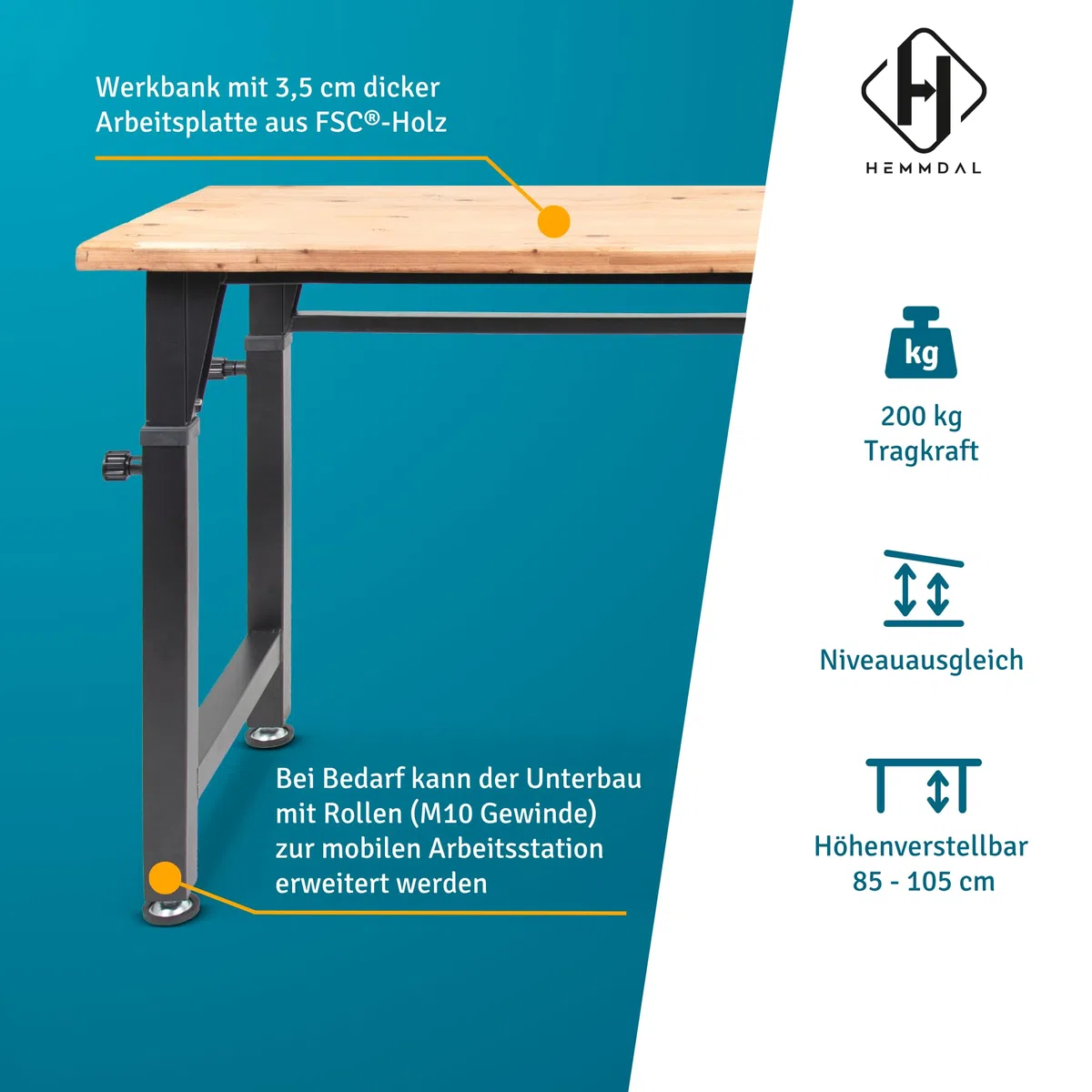 HEMMDAL Werkbank | 200 kg Tragkraft | HxBxT 105 x 135 x 60 cm | 3,5 cm Starke geölte Holzplatte | höhenverstellbar | hochrobust aus pulverbeschichtetem Stahl | Profi-Arbeitstisch | Werktisch
