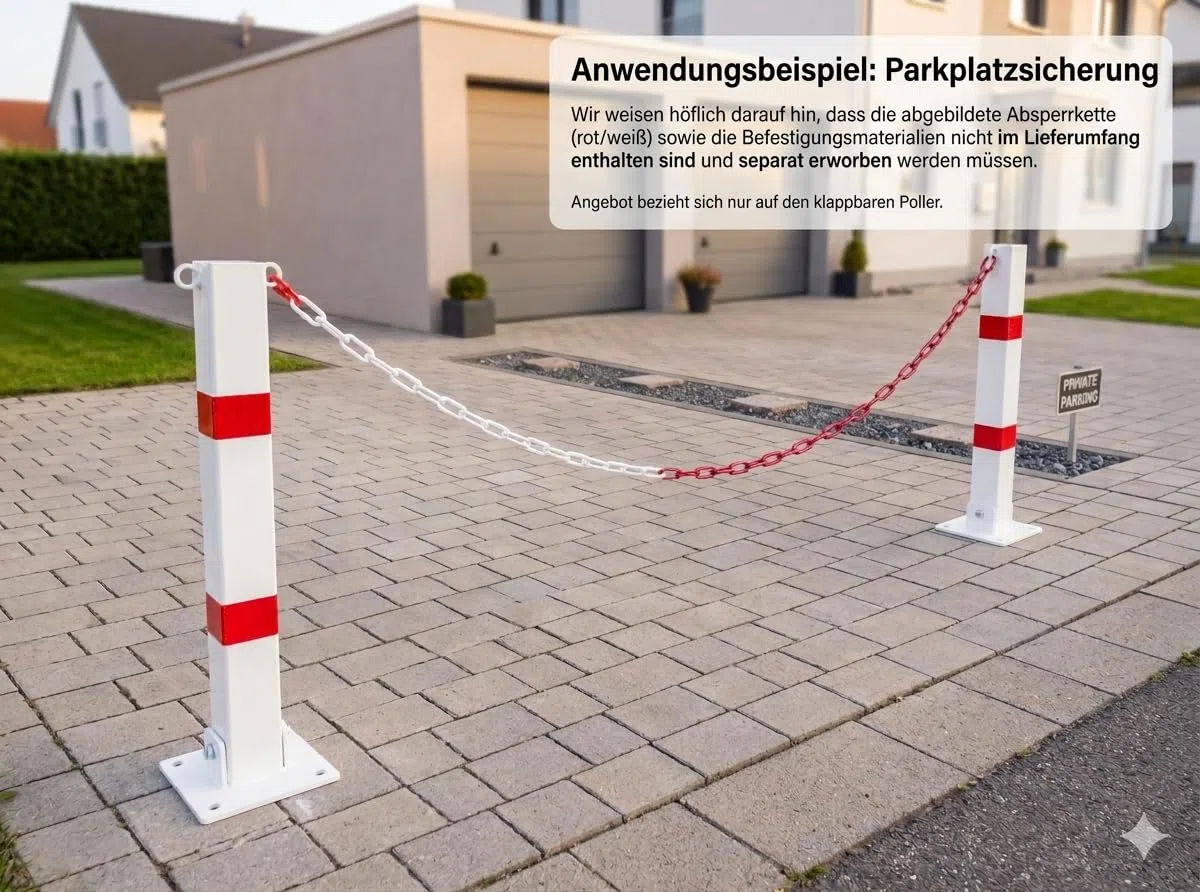 Marwotec Absperrpfosten aus Metall Klappbare Parkplatzsperre mit 2 Kettenösen, Reflektionsstreifen & 3 Schlüsseln Gesamthöhe 70 cm