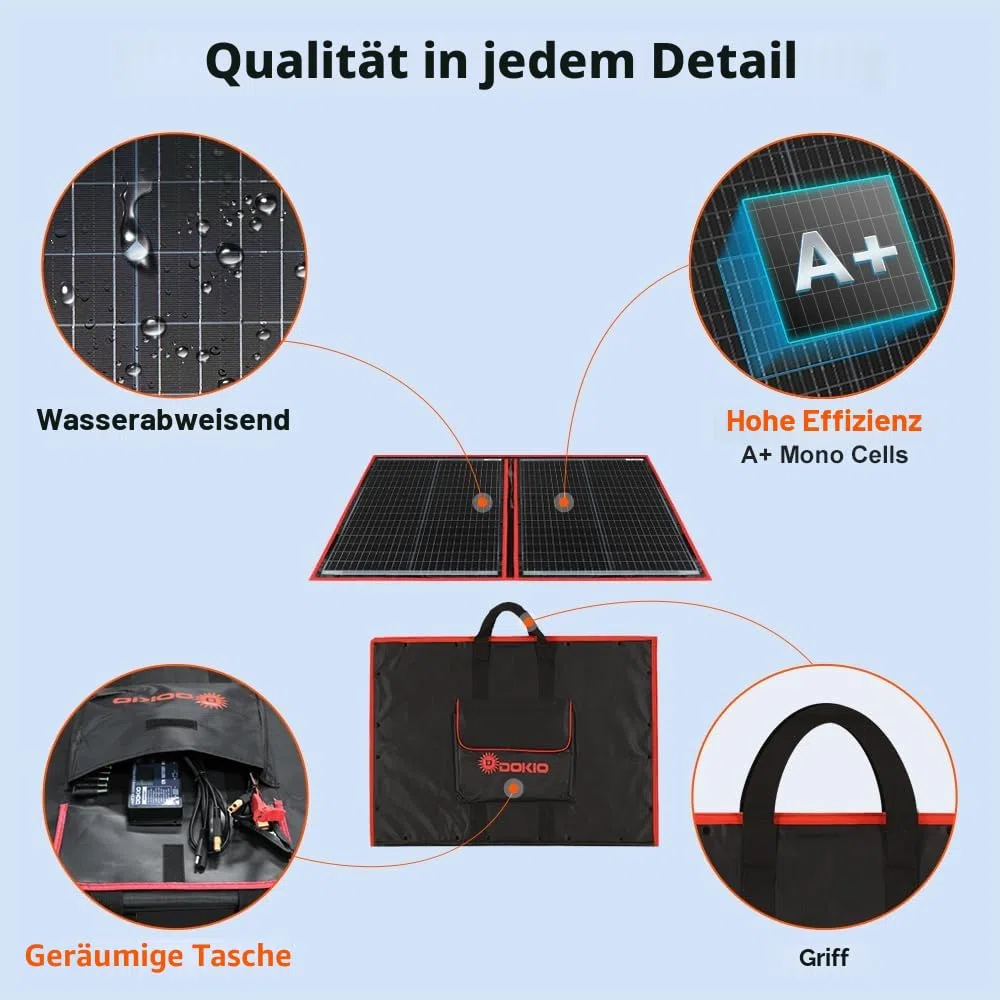 DOKIO Solarpanel Faltbar 100W Monokristalline Solarmodule Tragbar mit Solarladeregler (LCD Anzeige + 2 USB Ausgang), PV Kabel (3 Meter), 5 DC Adapter