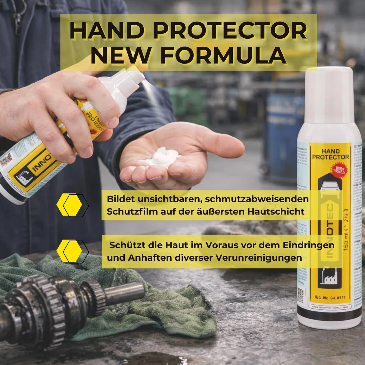 2 Stück Innotec Hand Protector New Formula 150 ml – Schutzspray gegen stark schmutzende Substanzen wie Lack, Öl, Fett, Spachtel, Dichtmasse, Kleber und PU-Schaum – ideal für Werkstatt und Industrie