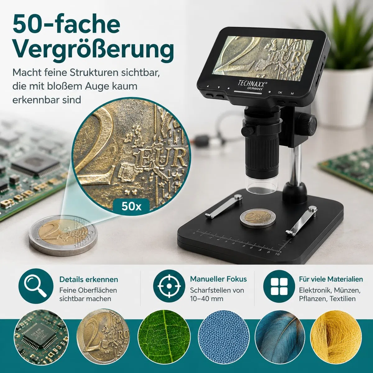 Technaxx Mikroskop Digital mit 50x Vergrößerung, 4,3 Zoll IPS Display, 8 LED Beleuchtung, Foto&Video Aufnahme, USB PC Verbindung, Tragbares Digitalmikroskop für Münzen, Elektronik & Pflanzen – TX-277