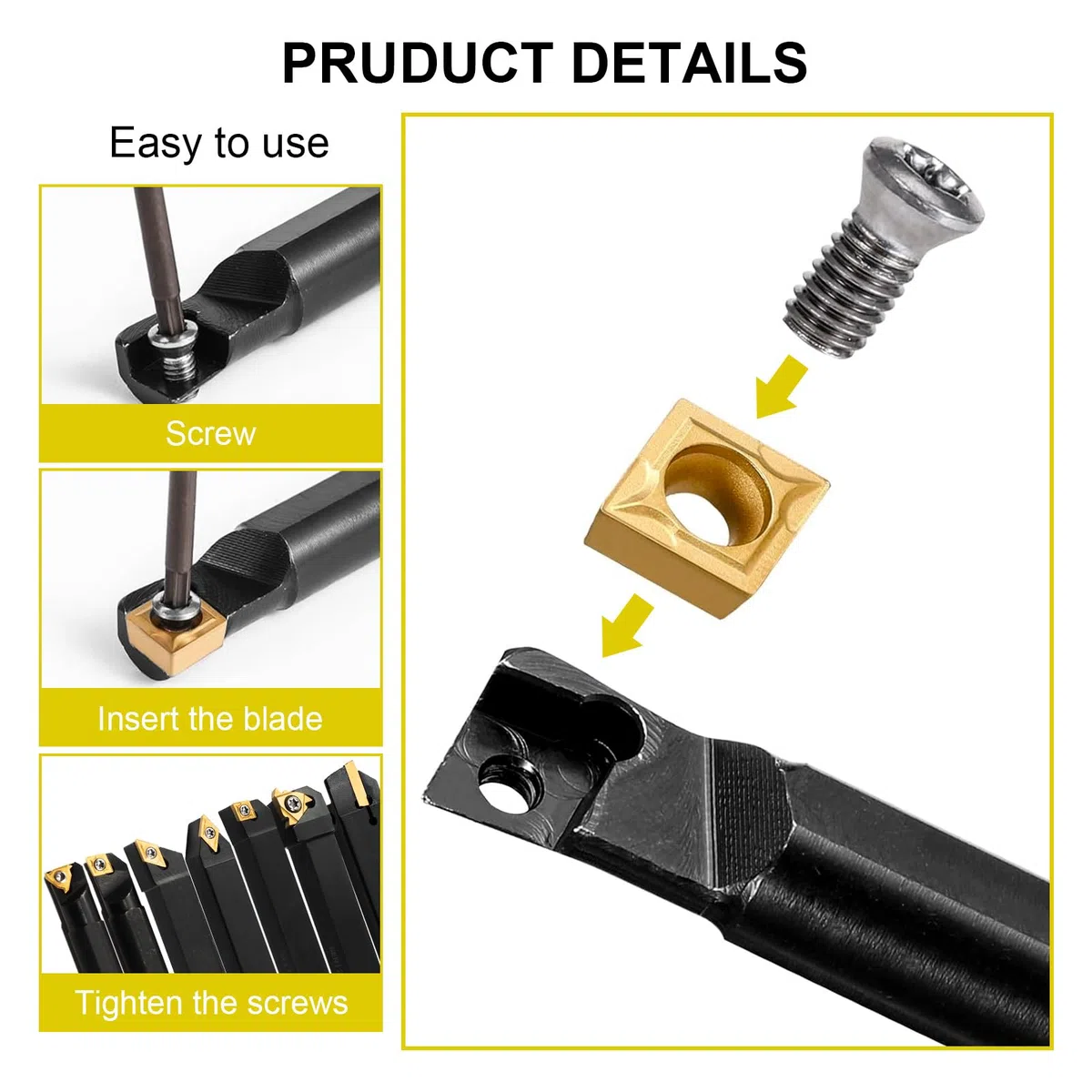 Donken Drehwerkzeughalter Set 12mm, Inhalt 7 Stk.12mm Schaft-Bohrstangenhalter,14 Stk. Hartmetall-Wendeschneidplatten, 7 Stk. T8 Schraubenschlüssel | 12mm Drehmeißel für CNC-Drehmaschinen