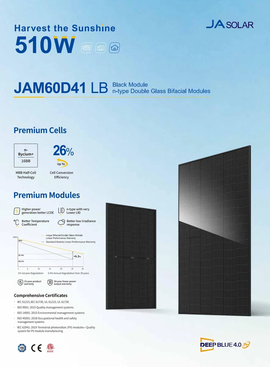 JA Solar 500W N-Typ Bifazial Glas-Glas Solarmodul full black Solar panel 22,6% Effizienz 36 pcs
