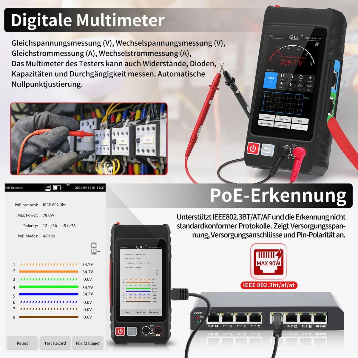 Henkion RJ45 Netzwerkkabeltester UTP-Kabeltester,Ethernet-Kabelverfolger, 4-Zoll-IPS-Touchscreen, unterstützt Netzwerktools, OPM, DMM, TDR, LEVEL METER, POE++-Erkennung, RJ45 TDR, Kabellänge,NCV
